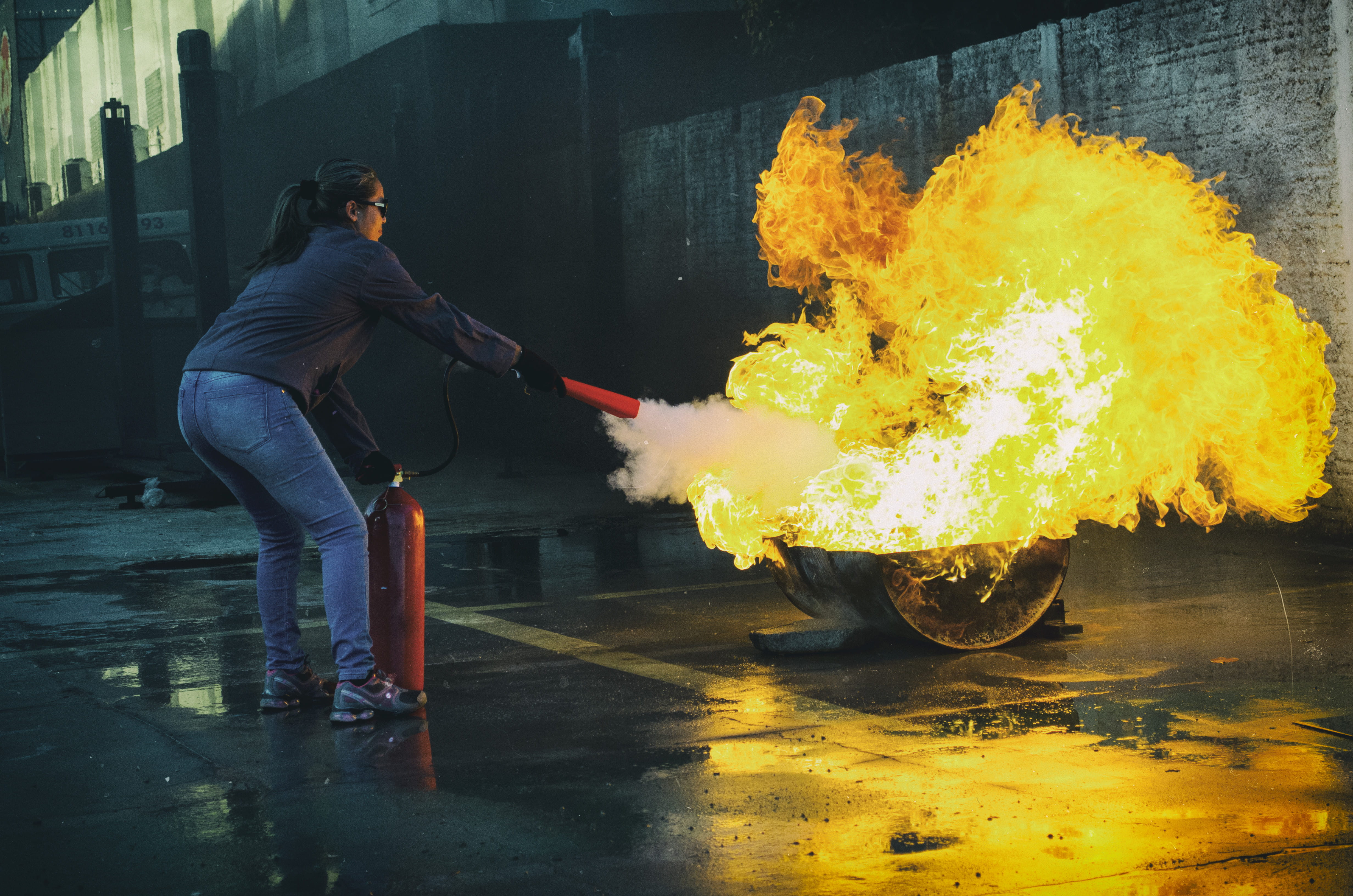 woman, nature, extinguish, risk, danger, warning sign, profile view, full length, standing, smoke, blaze, female, action, one person, burn, spraying, wet, HD Wallpaper