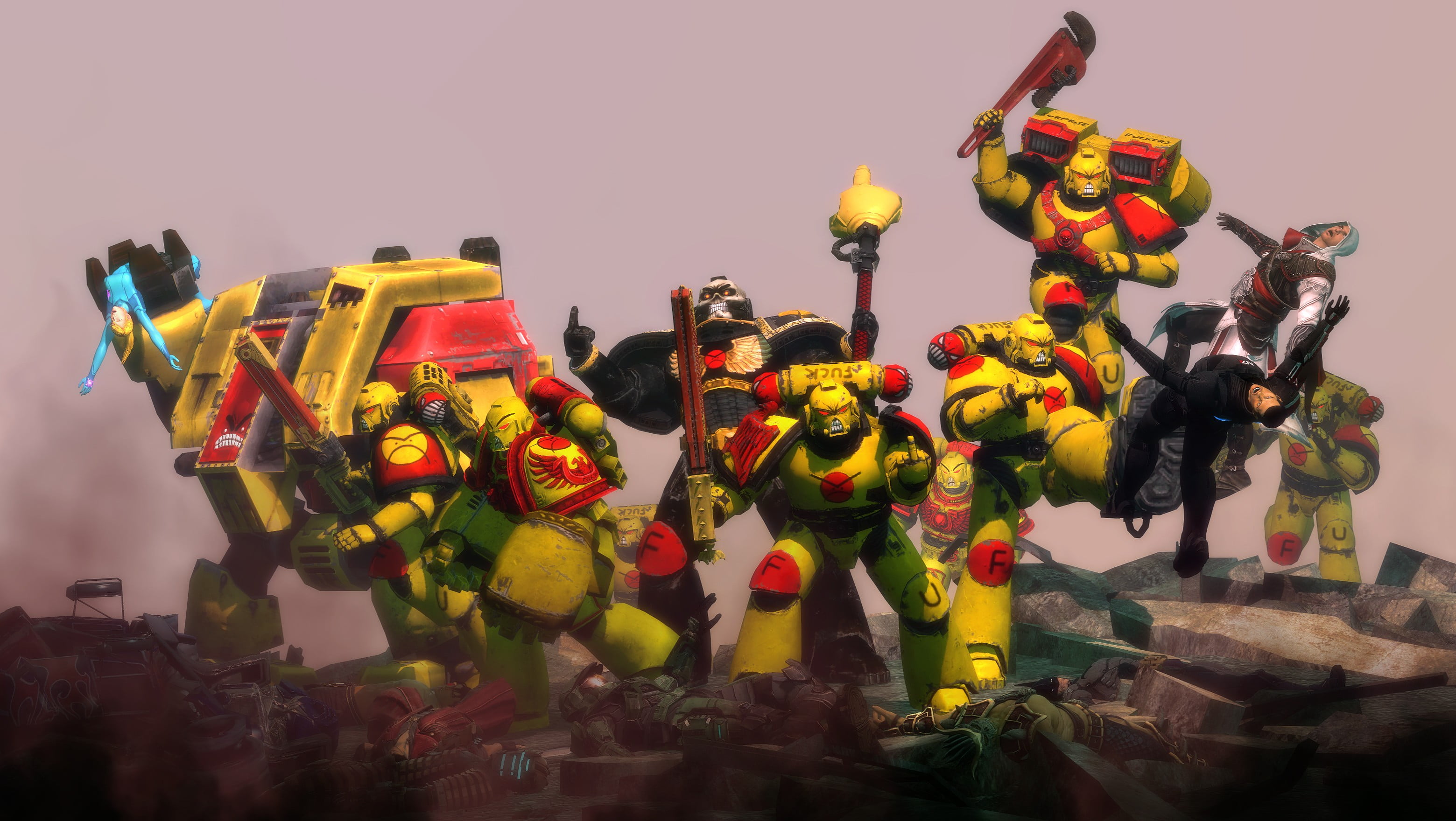 people, robot, group of people, 2K, yellow, representation, illustration, protective workwear, mech, rescue worker, safety, combat, protection, day, angry marines, HD Wallpaper