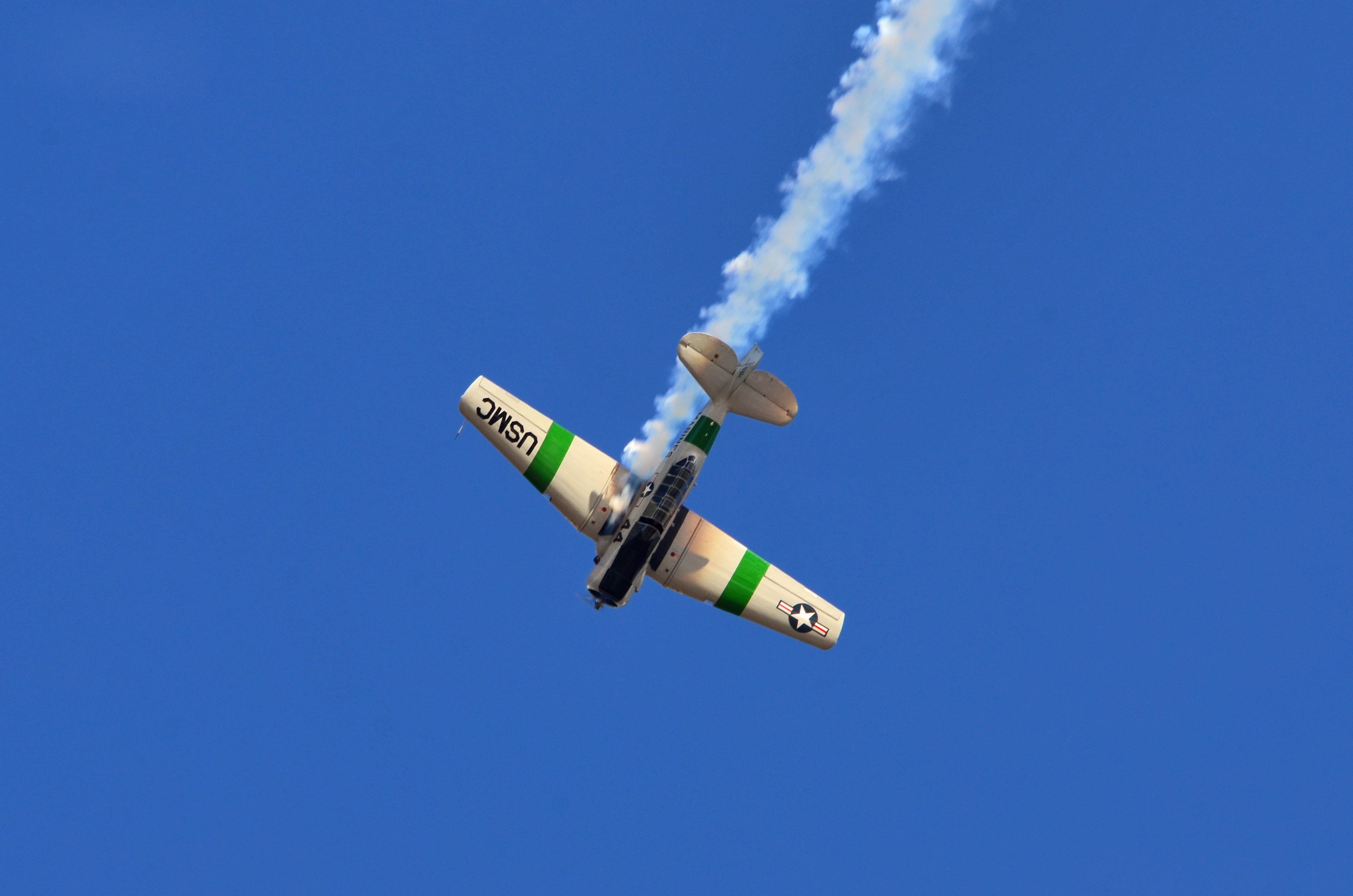 the sky, North American T-6G Texan PR-TIK, 4K, flight, smoke, the plane, HD Wallpaper