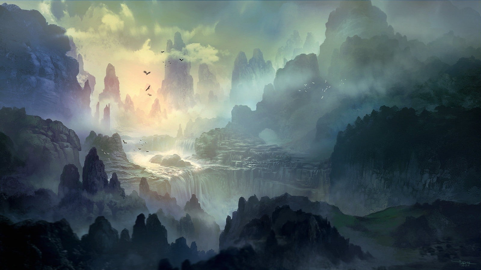 deviantart, mist, view, 1600x900, mountain, 720P, mountains, birds, HD Wallpaper