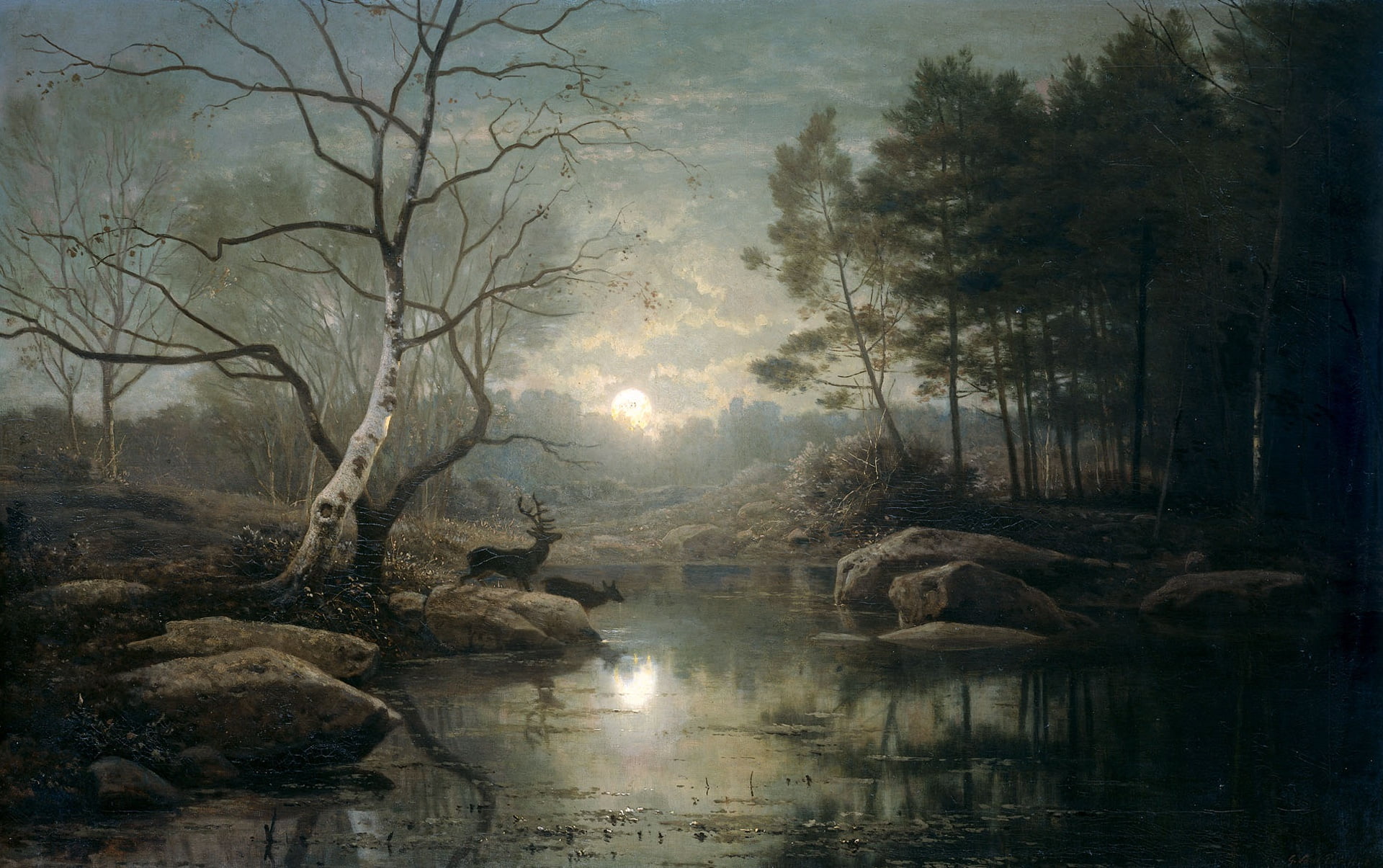outdoors, day, scenics - nature, beauty in nature, picture, tranquility, tree, plant, forest, 1080P, oil, Forest Landscape in the Moonlight, Georg Eduard Otto Saal, HD Wallpaper