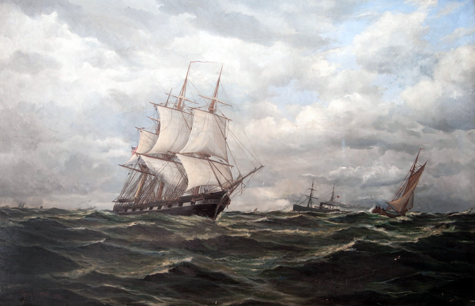 oil, artist, Otto Ludwig Richard, andquot;Ships at seaandquot;, picture, 1080P, canvas, HD Wallpaper