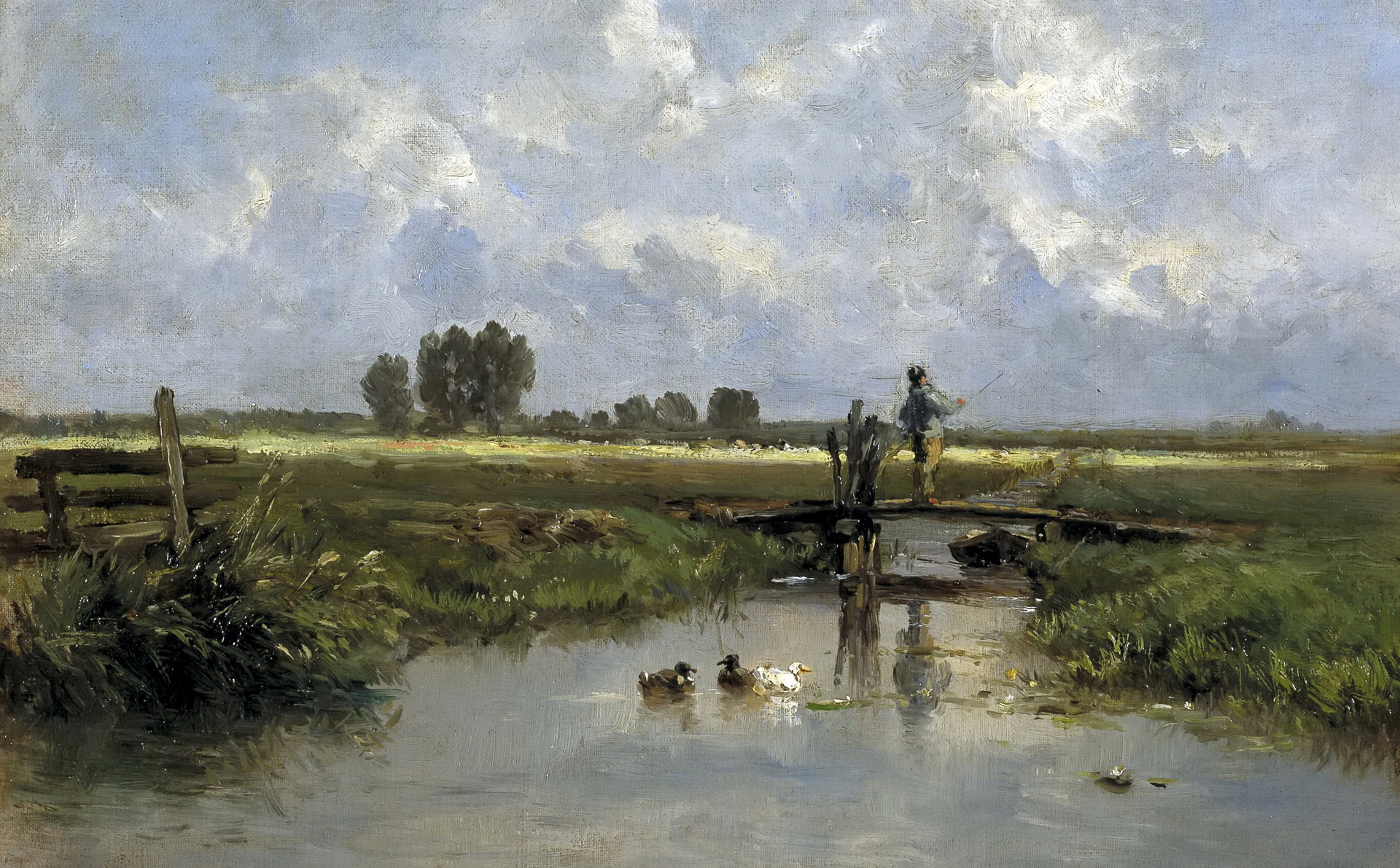 the bridge, Friesland Landscape, Carlos de Haes, river, fisherman, 1080P, picture, stream, HD Wallpaper