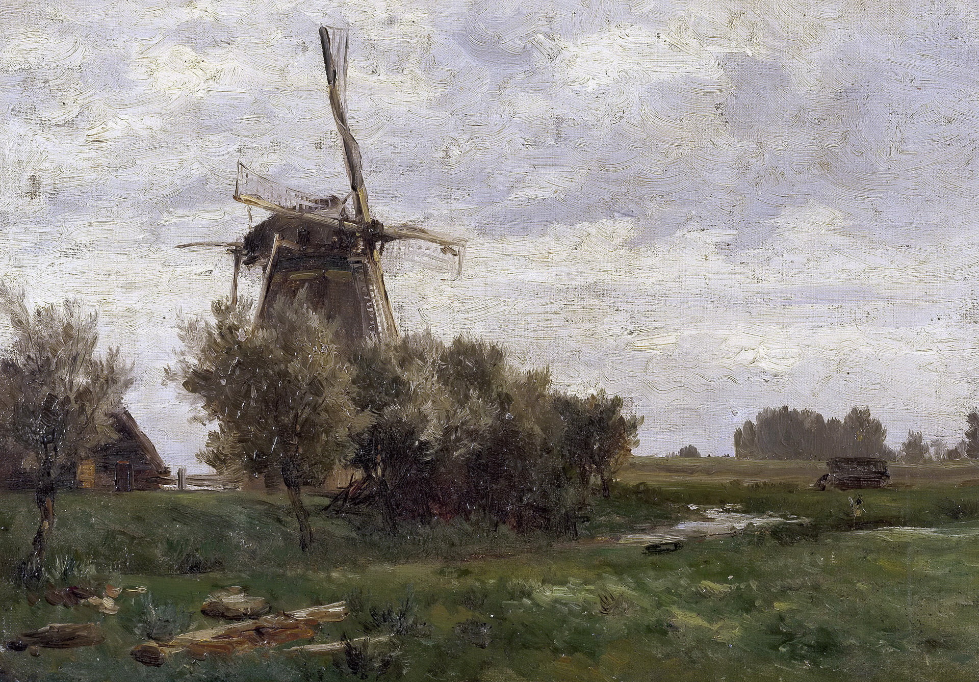 Carlos de Haes, picture, nature, landscape, 1080P, Windmill, HD Wallpaper