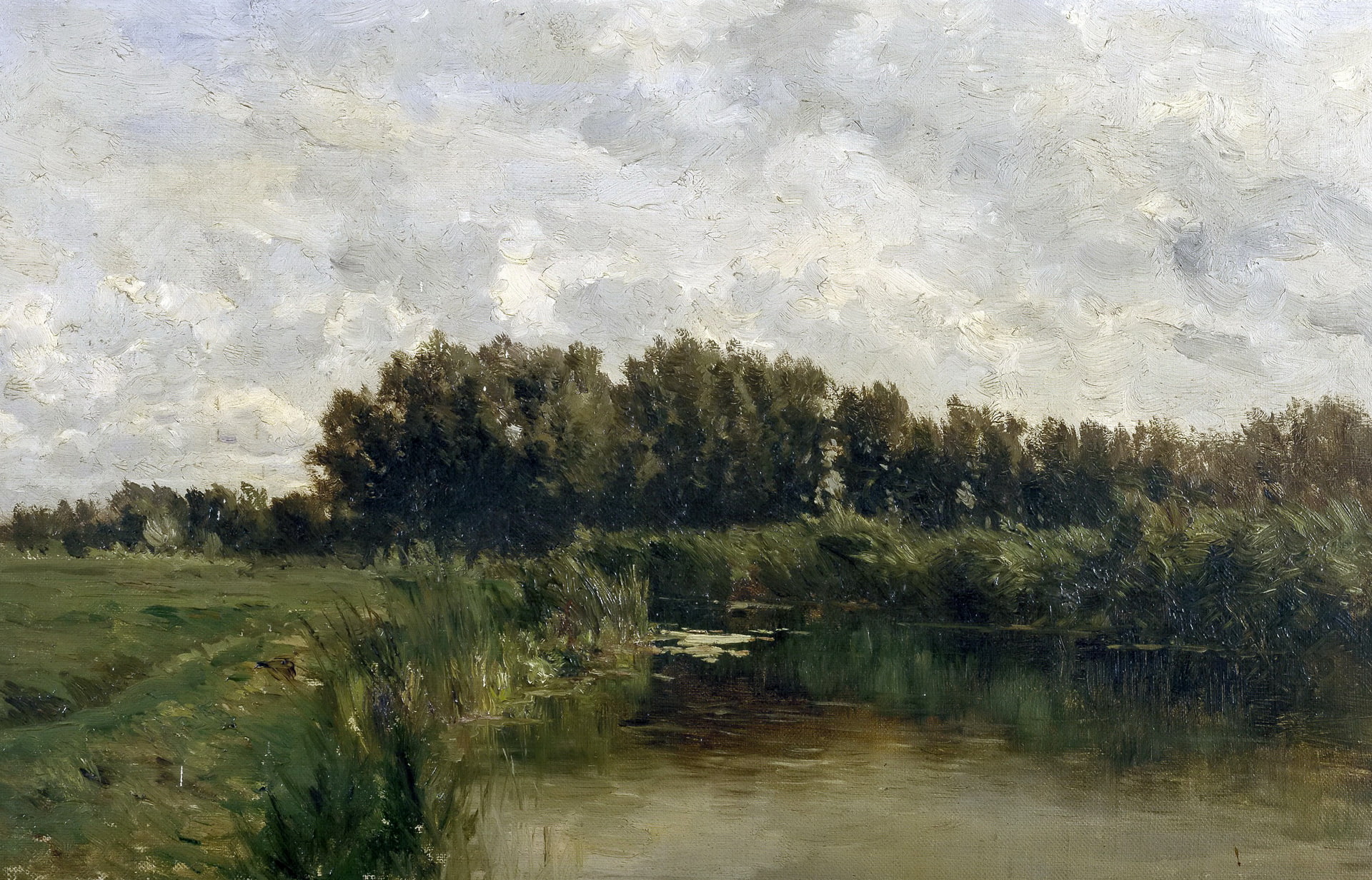 grass, 1080P, Carlos de Haes, picture, landscape, Lake in Friesland, nature, trees, HD Wallpaper