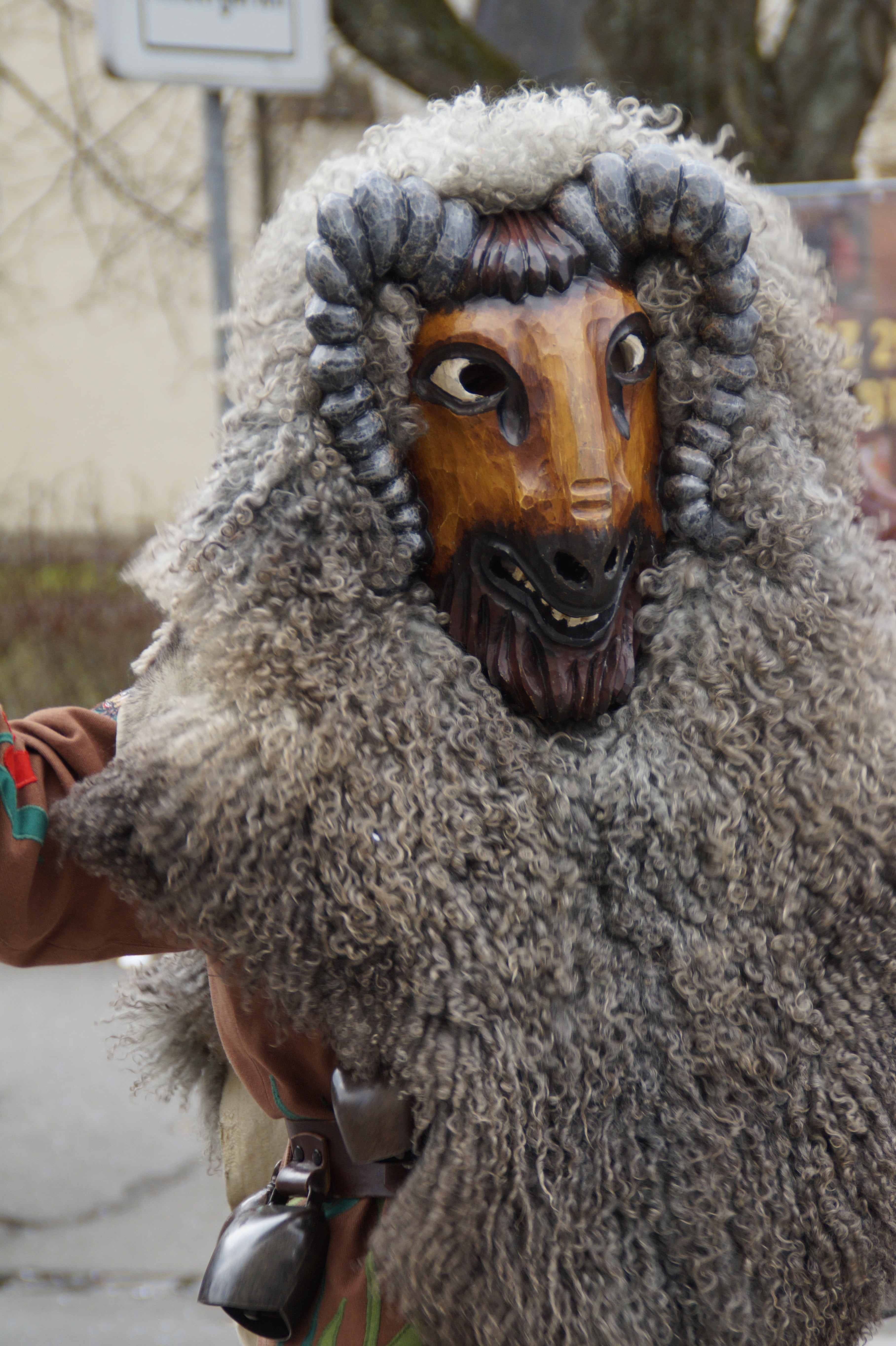 human body part, fools jump, strassenfasnet, masquerade, pets, carnival parade, face, fur, wooden mask, 5K, looking at camera, focus on foreground, portrait, Phone HD Wallpaper