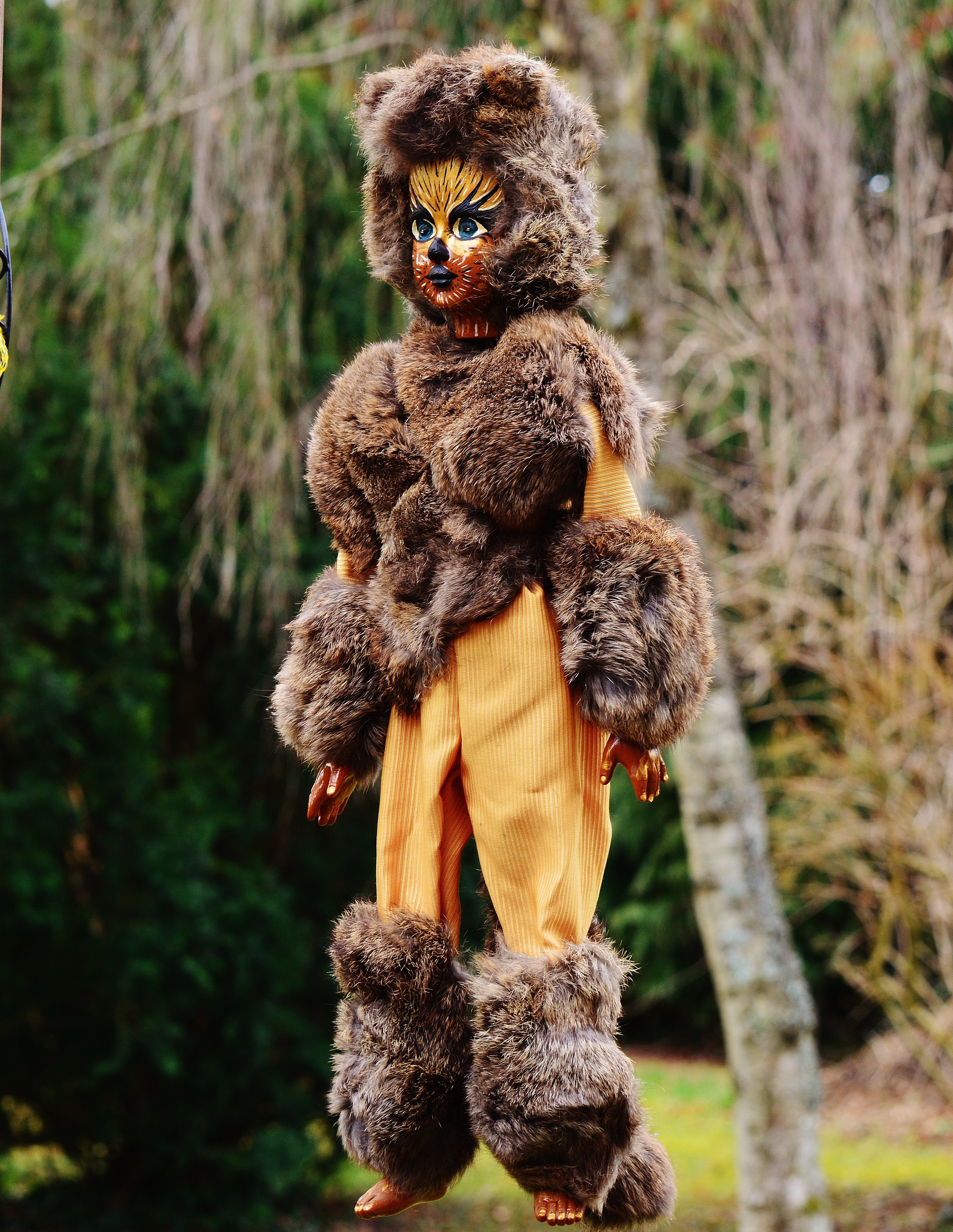 tree, fun, outdoors, one animal, custom, color, mammal, face, funny, mask, plant, humor, figure, primate, masquerade, painting, doll, land, forest, focus on foreground, Phone HD Wallpaper