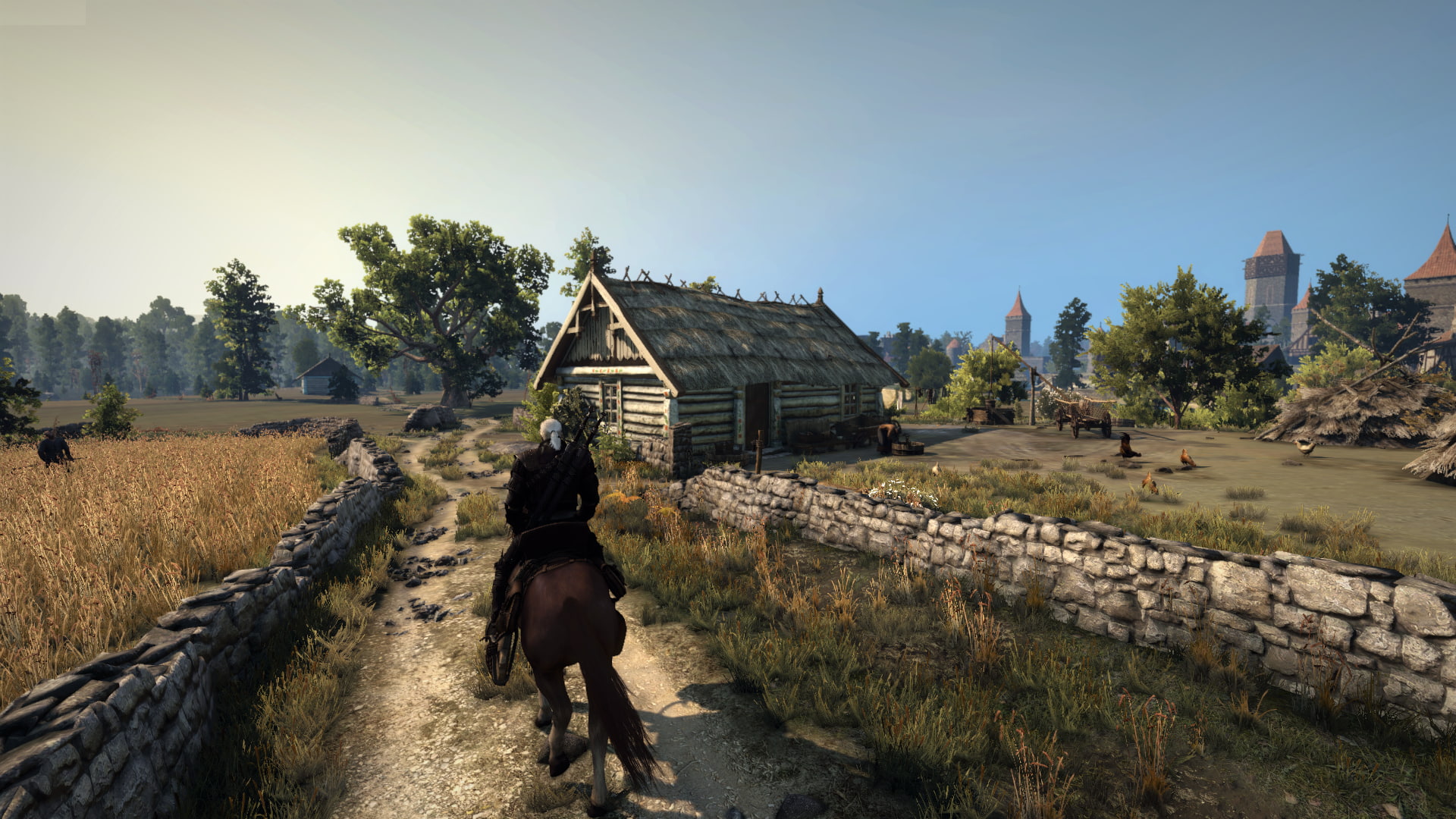 1080P, field, Geralt of Rivia, outskirts, The Witcher, The Witcher 3: Wild Hunt, village, HD Wallpaper
