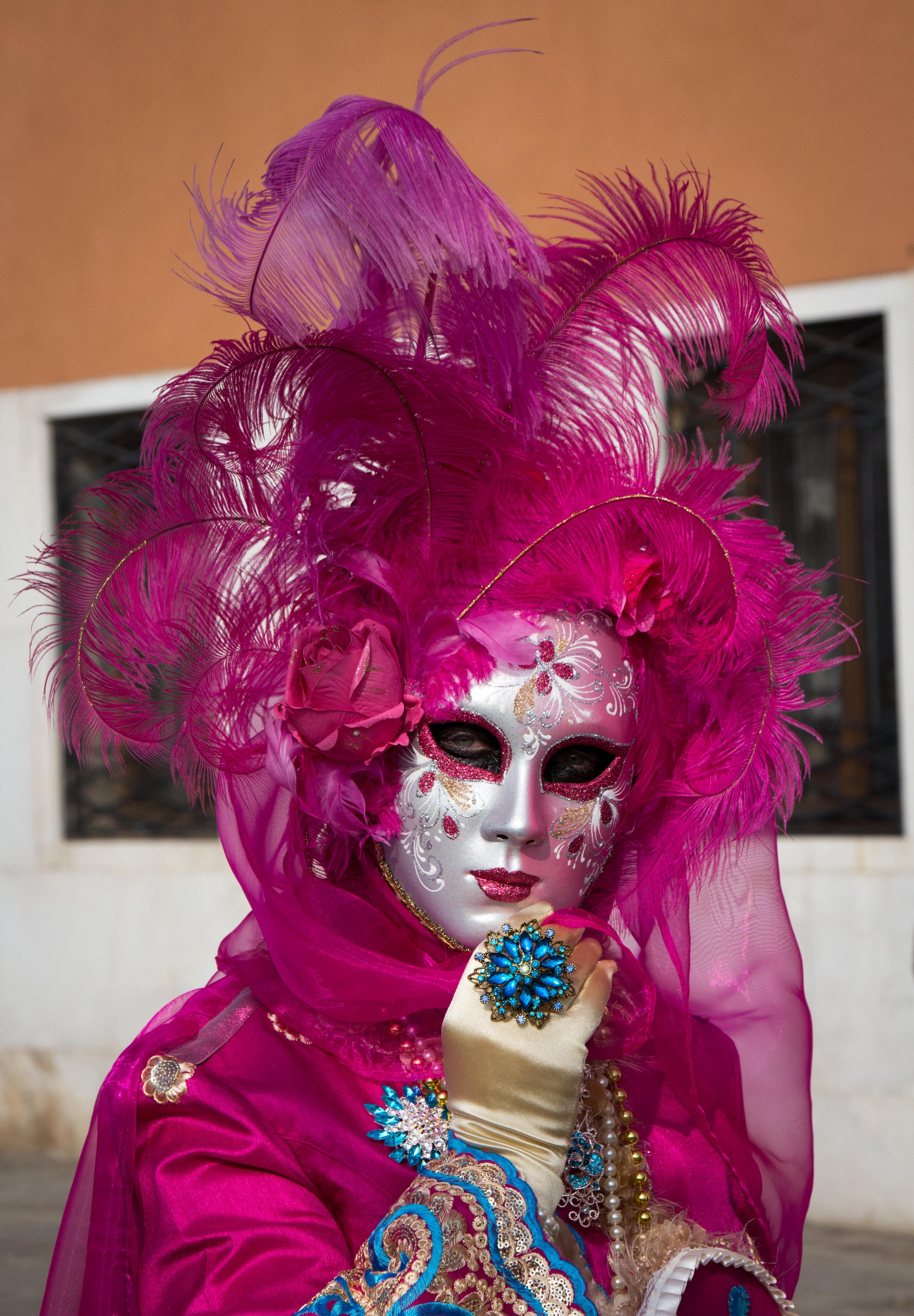 4K, adult, indoors, headshot, pink color, masquerade, beauty, headwear, culture, costume, paint, women, europe, traditional, close-up, front view, purple, Phone HD Wallpaper