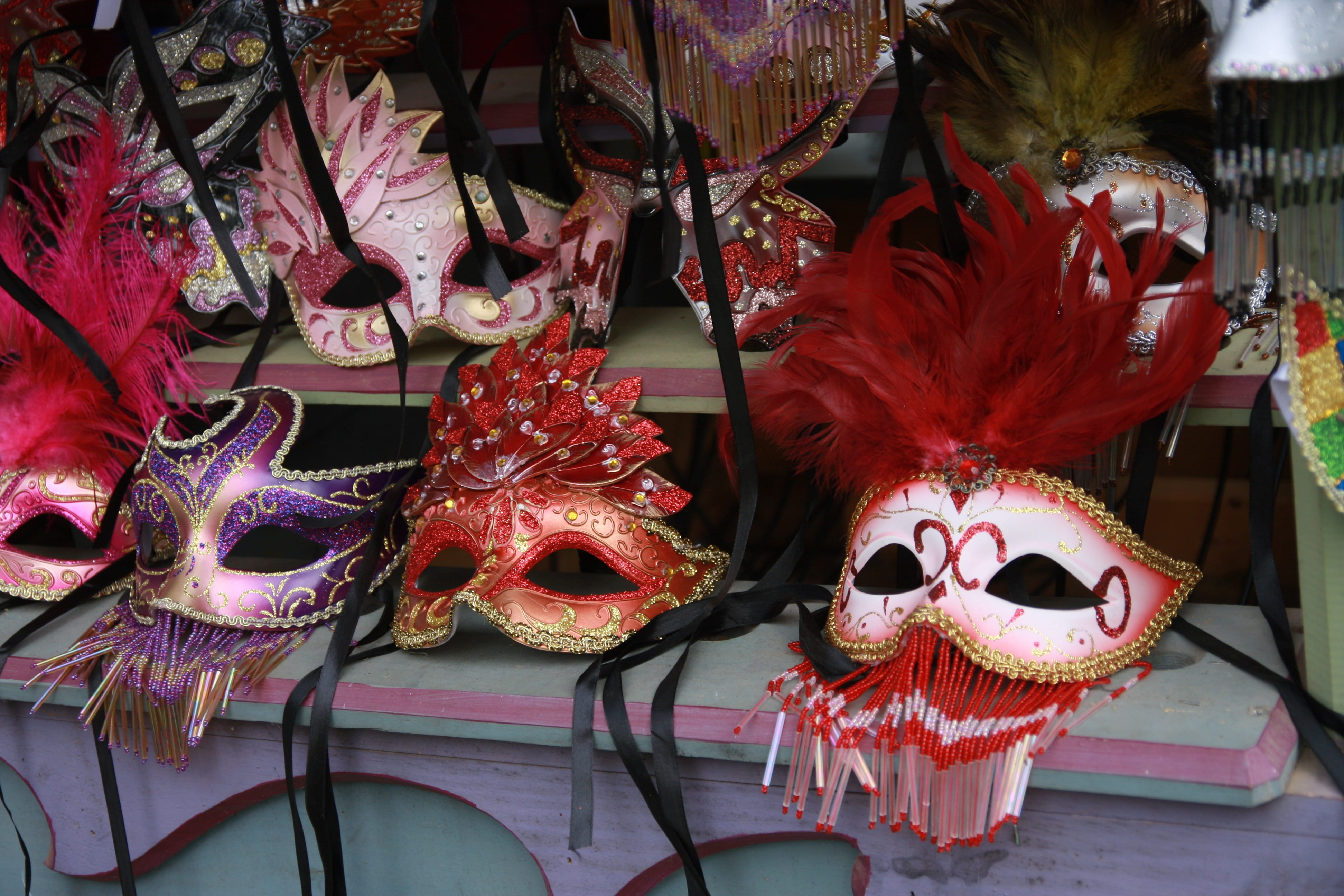 mask, carnival - celebration event, face, festival, shelf, representation, party, venetian mask, choice, feather, masks, fantasy, celebration, masquerades, HD Wallpaper