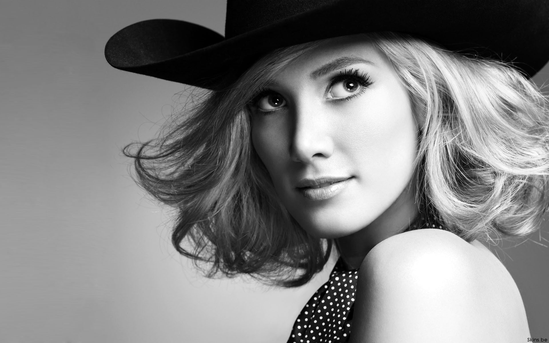 monochrome, model, hat, 1080P, blonde, portrait, women, face, cowboy hats, HD Wallpaper