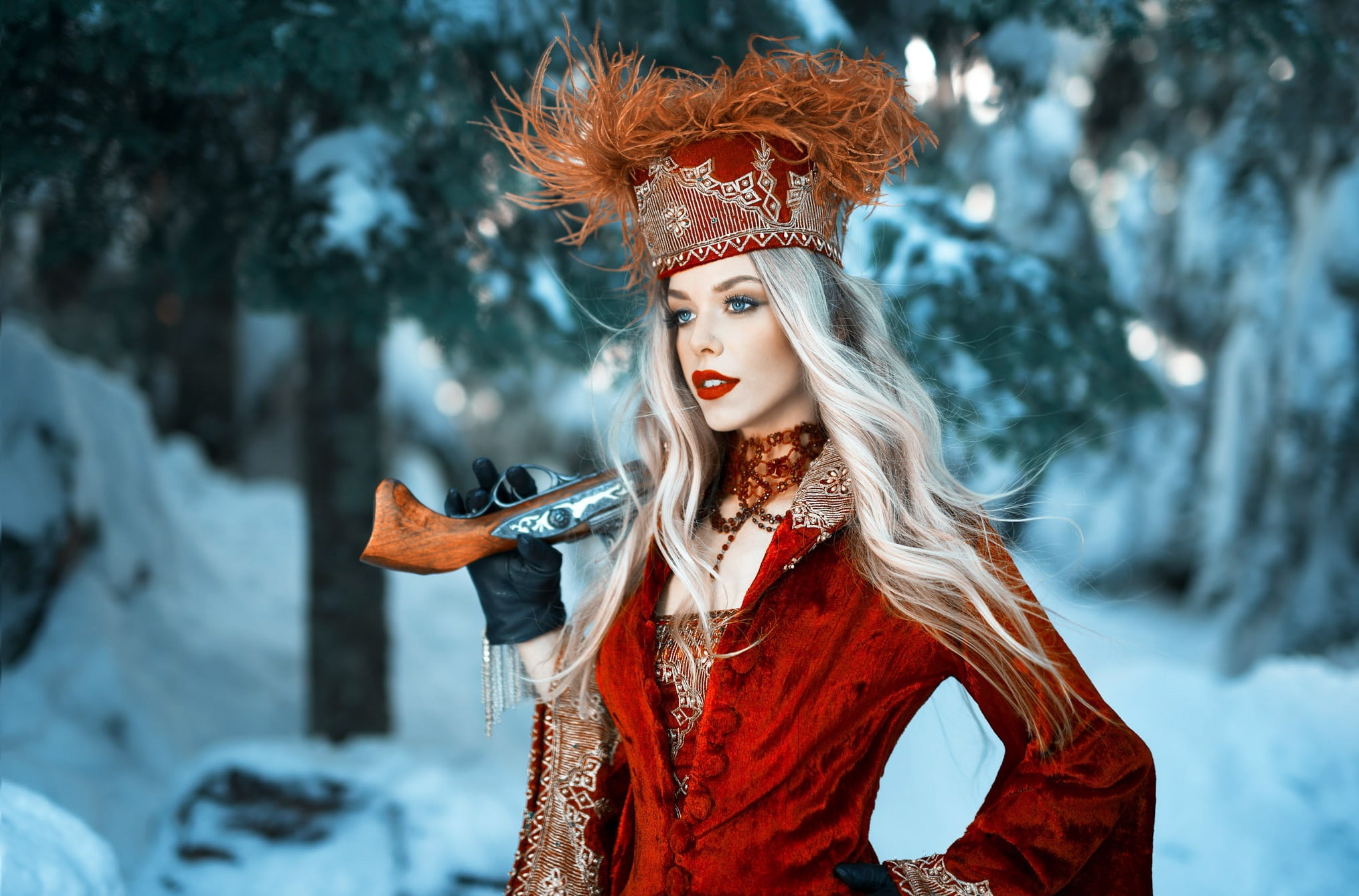red lipstick, winter, gloves, necklace, looking away, girl, 1080P, hat, portrait, long hair, makeup, dress, blue eyes, photographer, lipstick, face, style, HD Wallpaper