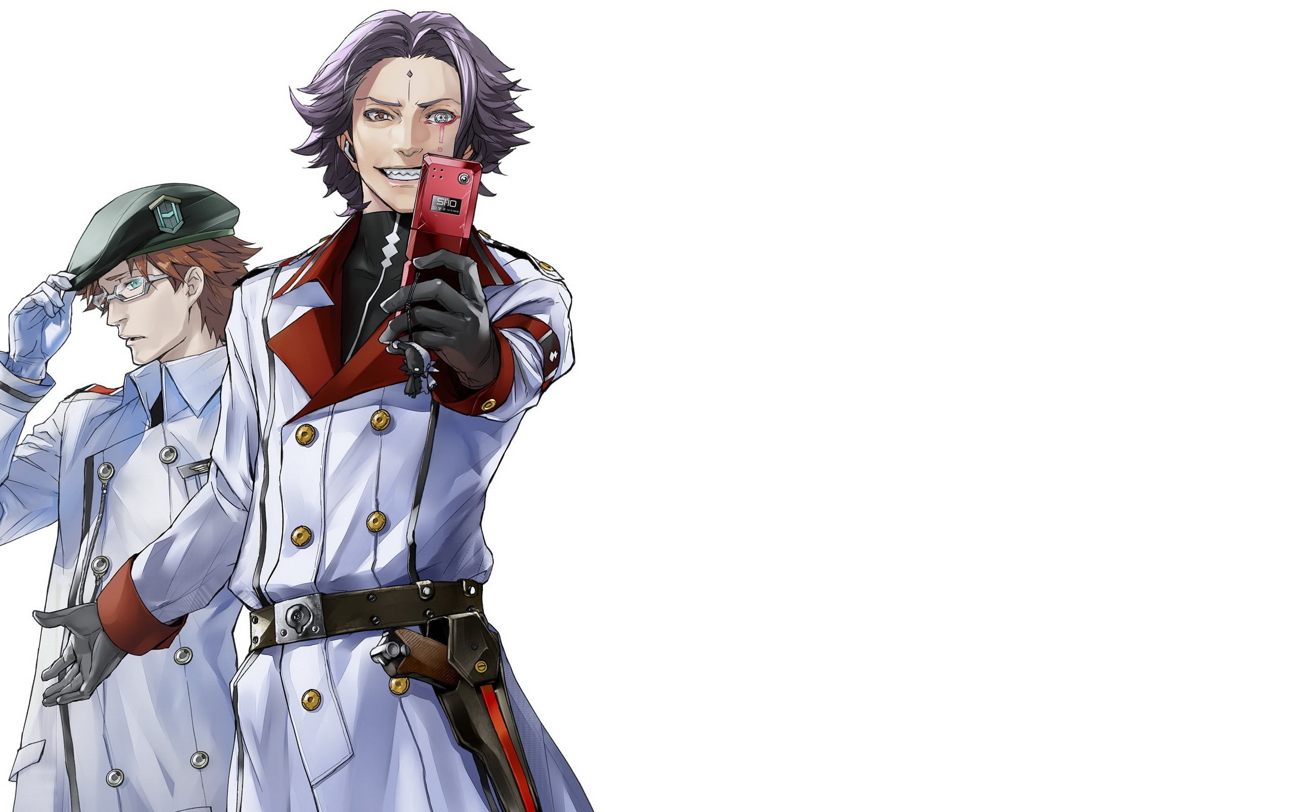 gloves, hair, grin, aqua, redjuice, simpl, brunettes, anime, handguns, eyes, teeth, red, 2K, cellphones, short, coat, boys, glasses, guns, heterochromia, HD Wallpaper