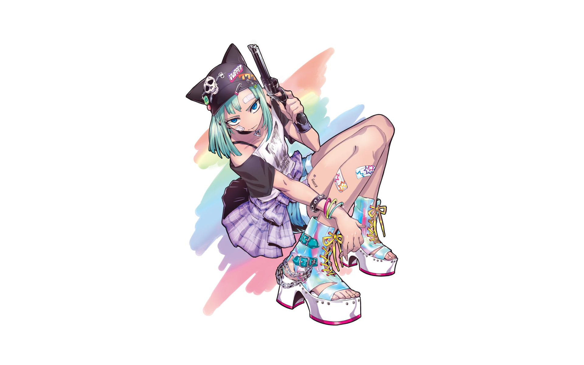 Short Hair, Tattoo, Original, Blue Eyes, Bandage, Hat, Anime, Gun, 1080P, Green Hair, HD Wallpaper