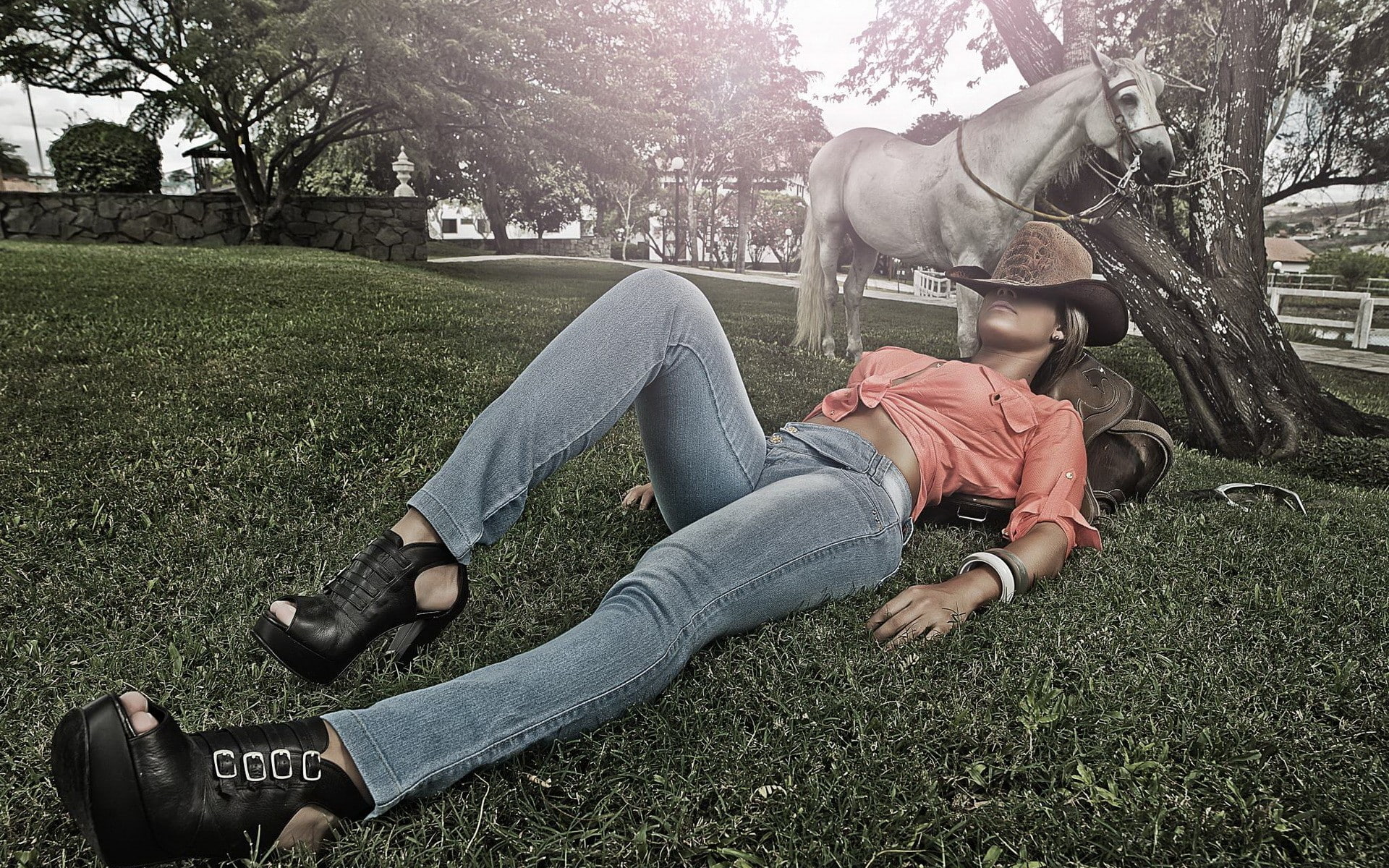 women outdoors, cowboy hats, horse, lying down, model, women, legs, grass, 1080P, HD Wallpaper