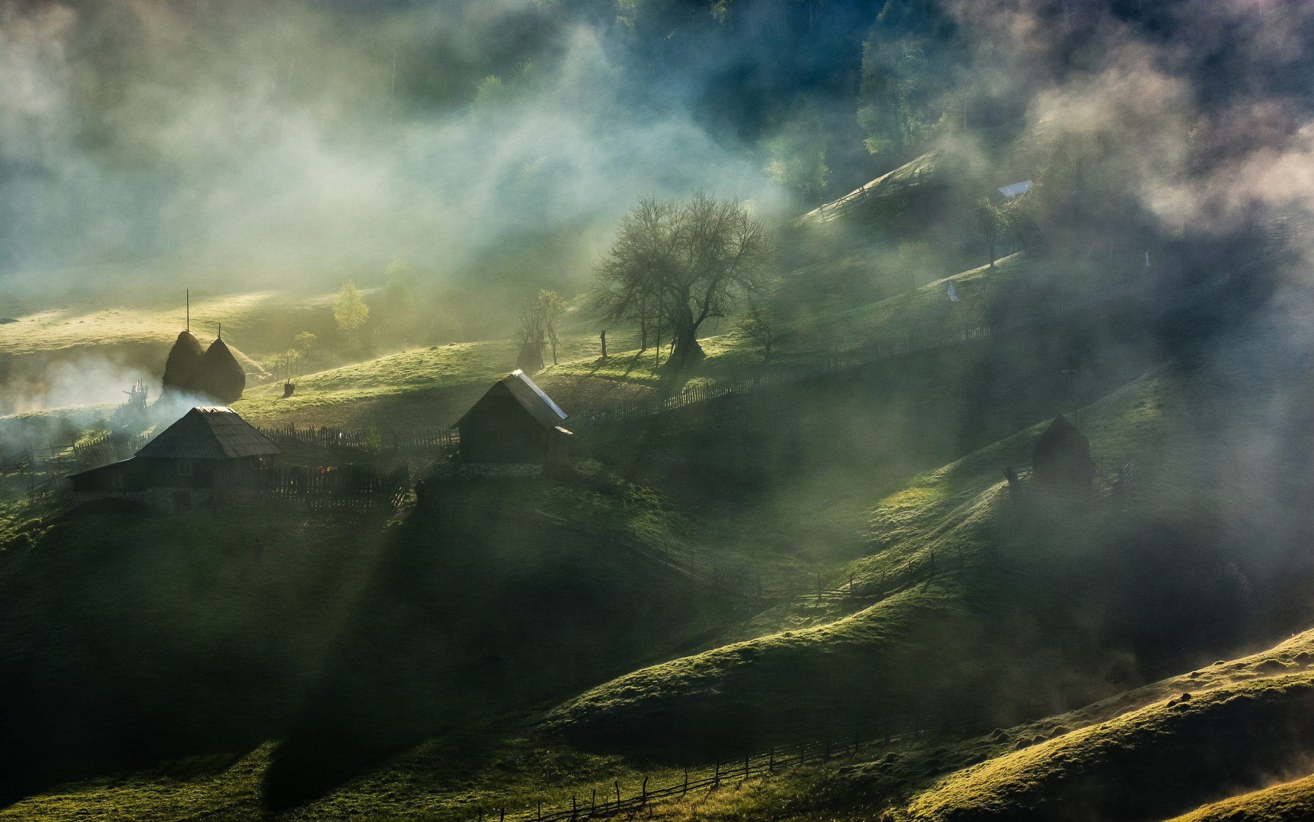 village, mist, Romania, house, grass, hills, nature, 2K, fairy tale, landscape, trees, fence, HD Wallpaper