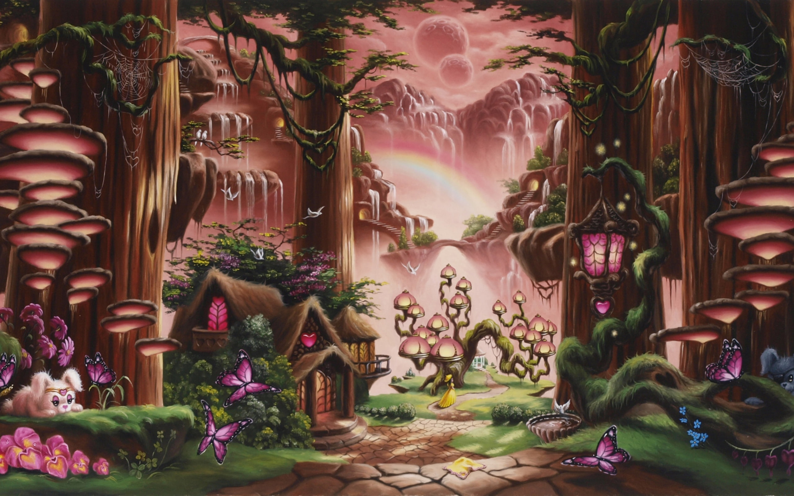 houses, fantasy, Cartoon, cute, sky, Trees, children, Moon, scenic, mountains, forest, path, mood, architecture, art, Tale, Cabin, 2K, kids, buildings, HD Wallpaper