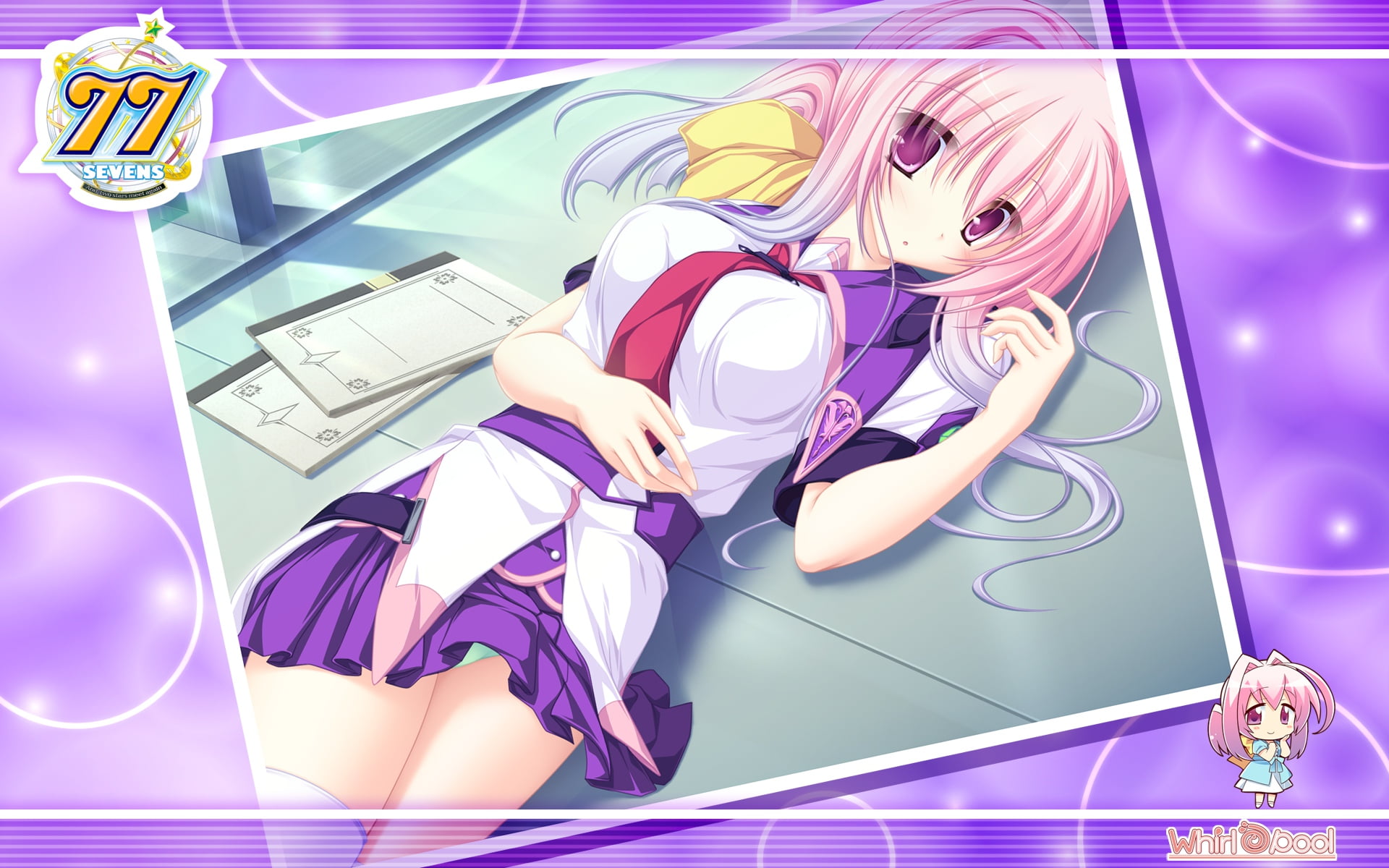 anime girls, series, anime, two stars meet again, pink hair, school uniform, looking at viewer, bow, hair ribbon, multi-colored hair, notebooks, purple tint, HD Wallpaper