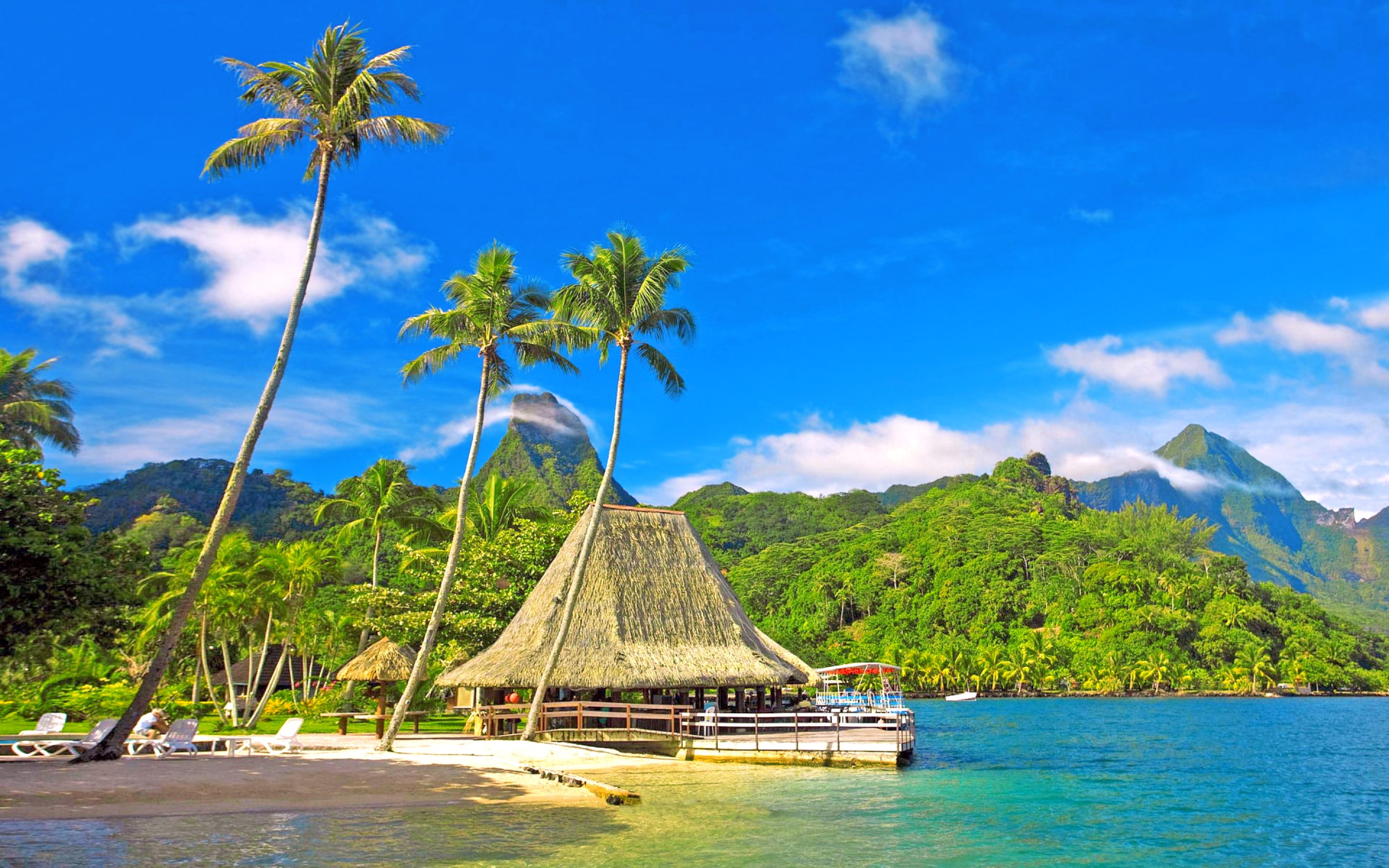 2K, vacation, bungalows, eyes, sky, Holiday, Sea, palm trees, huts, feast, hills, clouds, mountains, HD Wallpaper