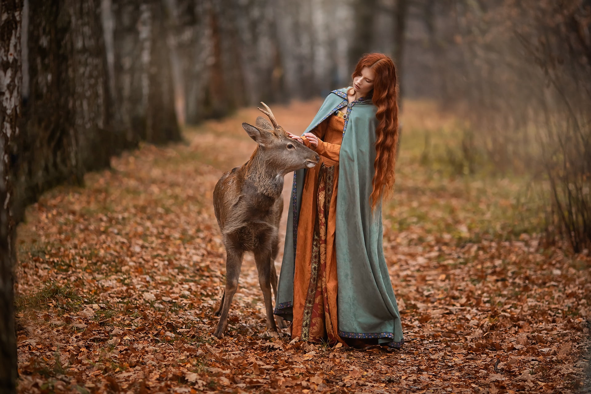 Red, 1080P, Alexander Cherkashin, fawn, dress, Girl, Anastasia Barmina, HD Wallpaper