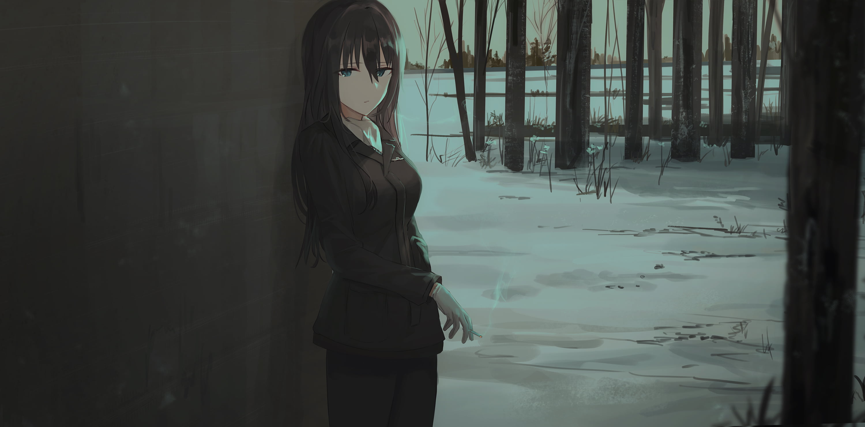 winter, Chihuri 45, standing, anime, dark hair, snow, anime girls, cigarettes, 2K, dark, smoking, HD Wallpaper