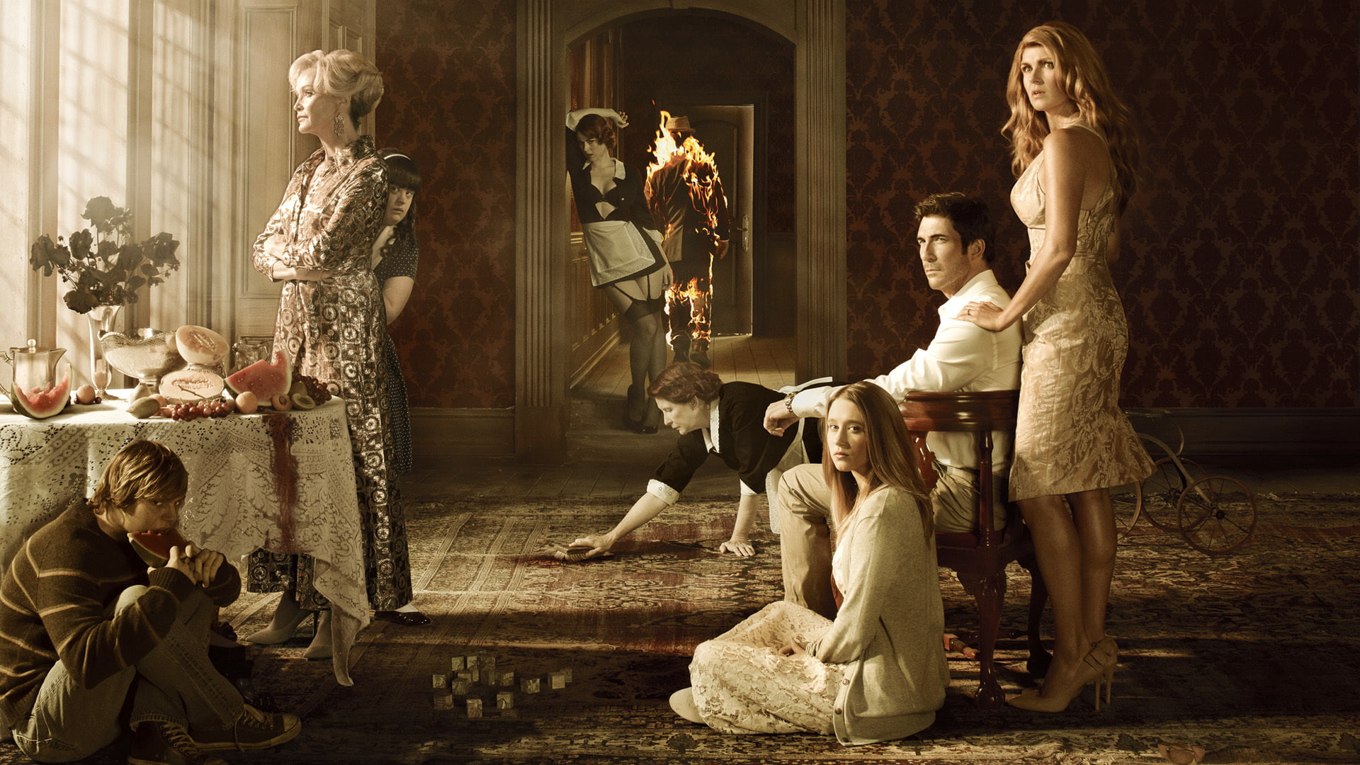 carpet, Dylan McDermott, taissa Farmiga, the maid, cubes, Denis ohare, 1080P, fire, Frances Conroy, Connie Britton, American horror story, Jamie brewer, HD Wallpaper