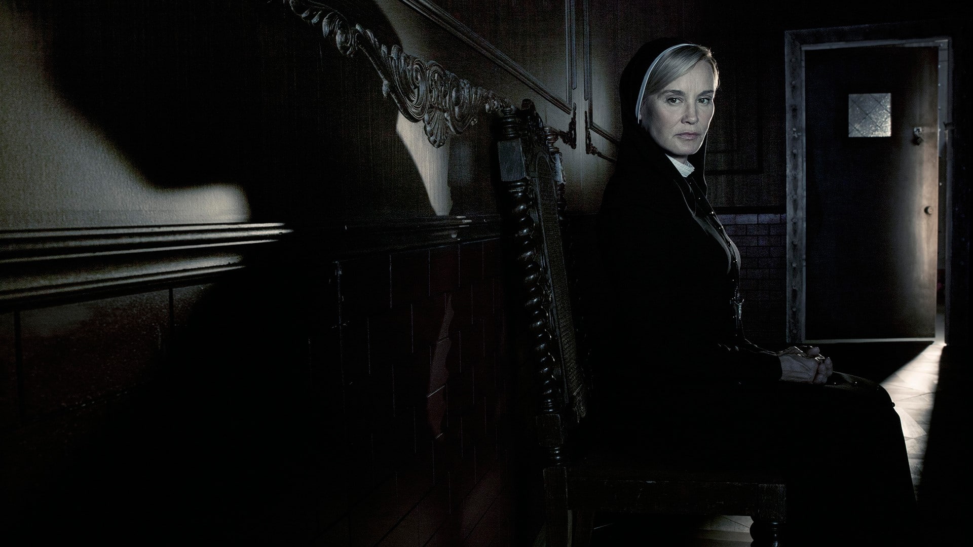 American horror story, sign, contemplation, looking at camera, emotion, young adult, indoors, Hospital, Nun, social issues, shadow, 1080P, portrait, adult, HD Wallpaper