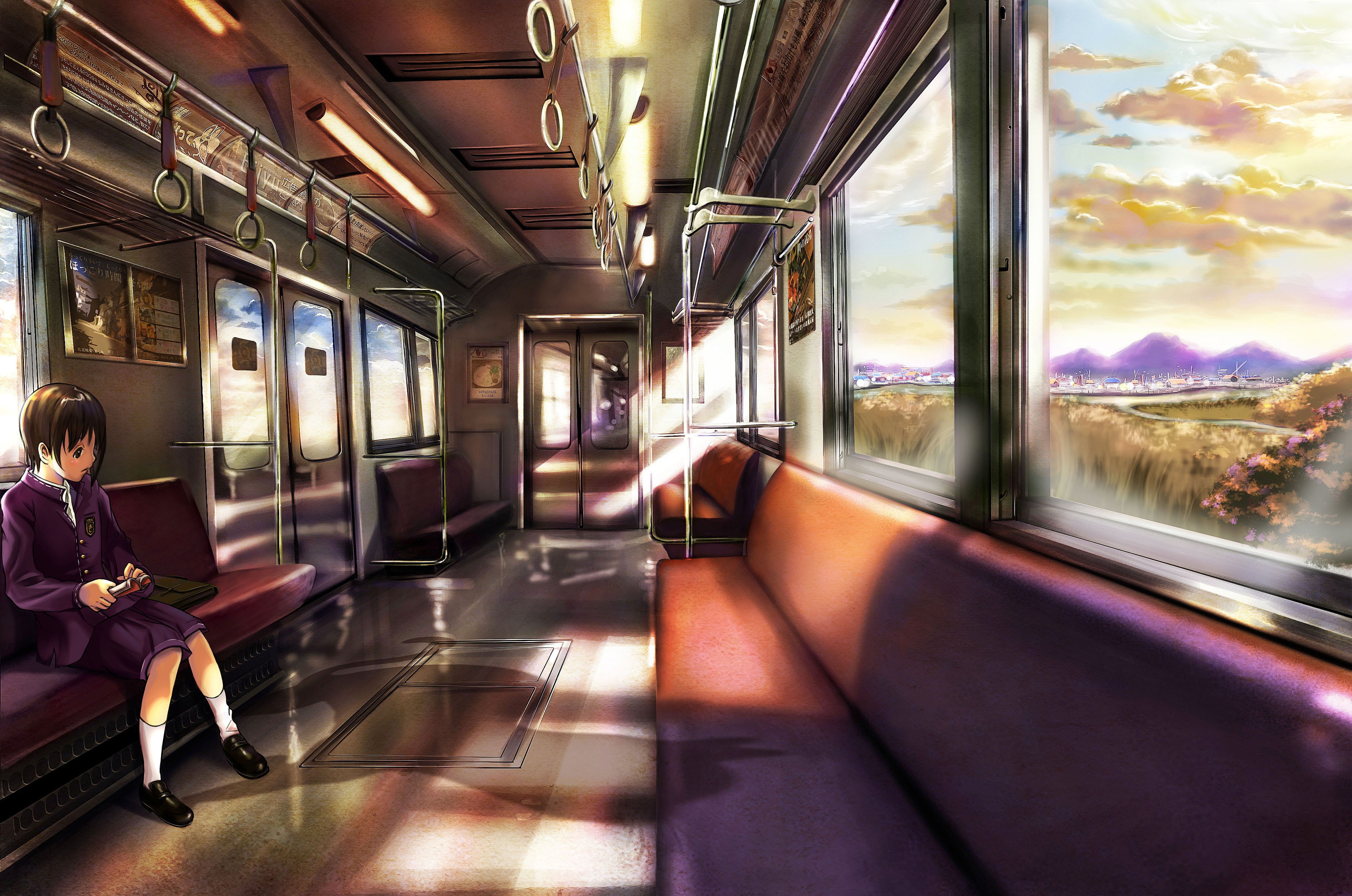 trains, bangs, school, vehicles, scenic, clouds, characters, socks, seats, bags, windows, girls, indoors, schoolgirls, original, anime, 4K, brunettes, HD Wallpaper