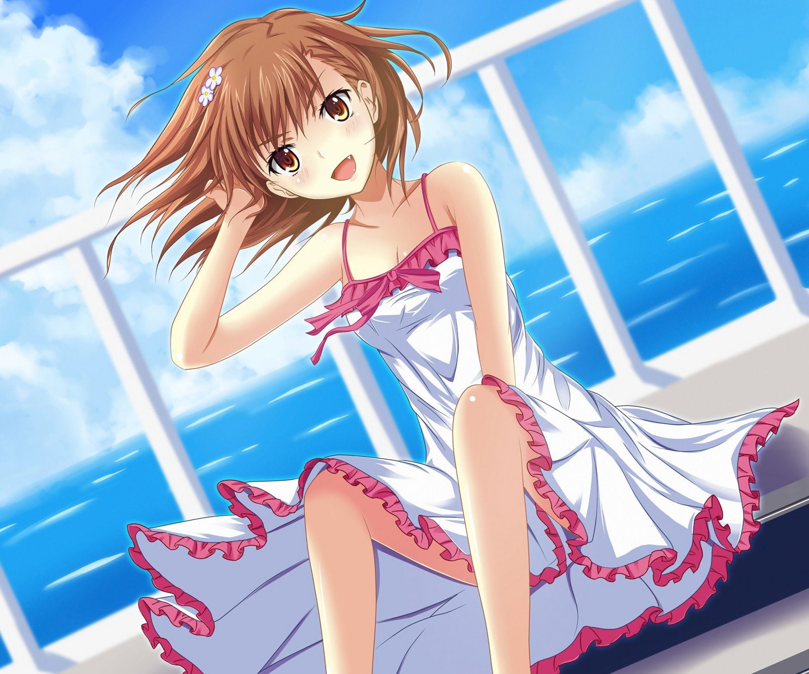 railgun, mikoto, clouds, summer, hair, toaru, brown, brunettes, misaka, dress, eyes, short, 720P, index, kagaku, majutsu, HD Wallpaper