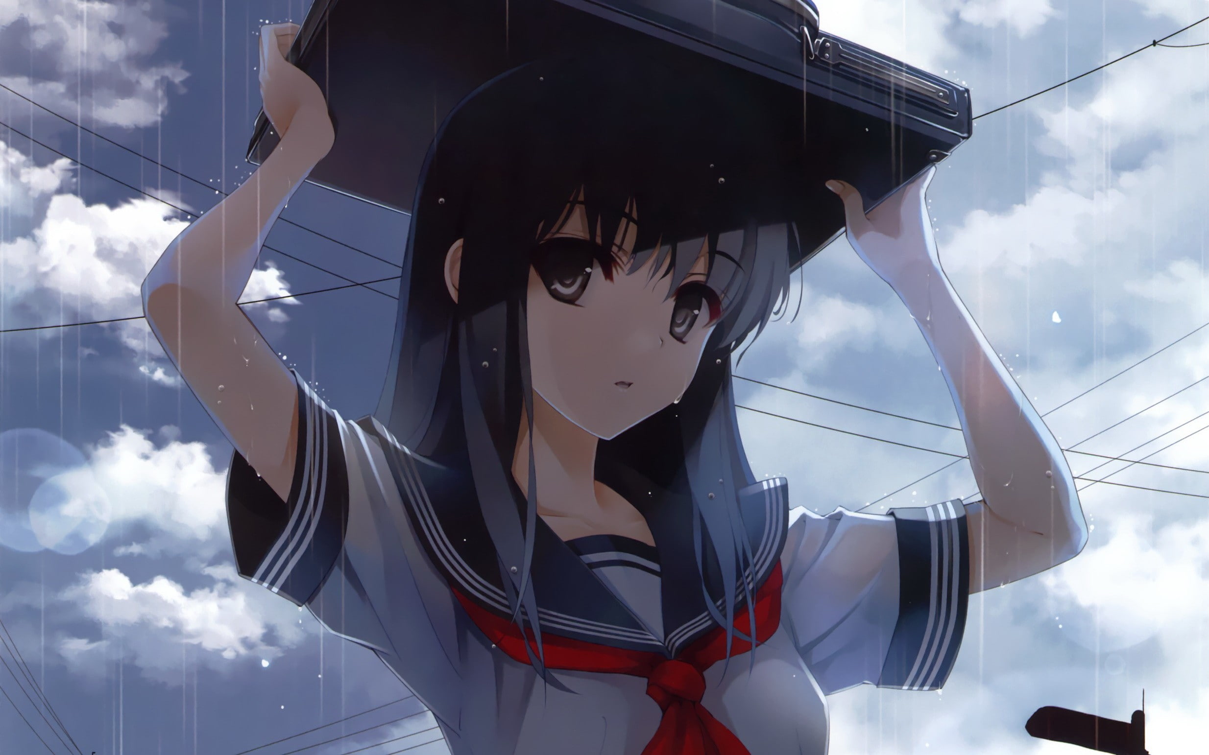 sailor, brown, lens, rain, collar, kurehito, characters, school, flare, long, outdoors, uniforms, open, anime, original, hair, bangs, misaki, bags, eyes, HD Wallpaper