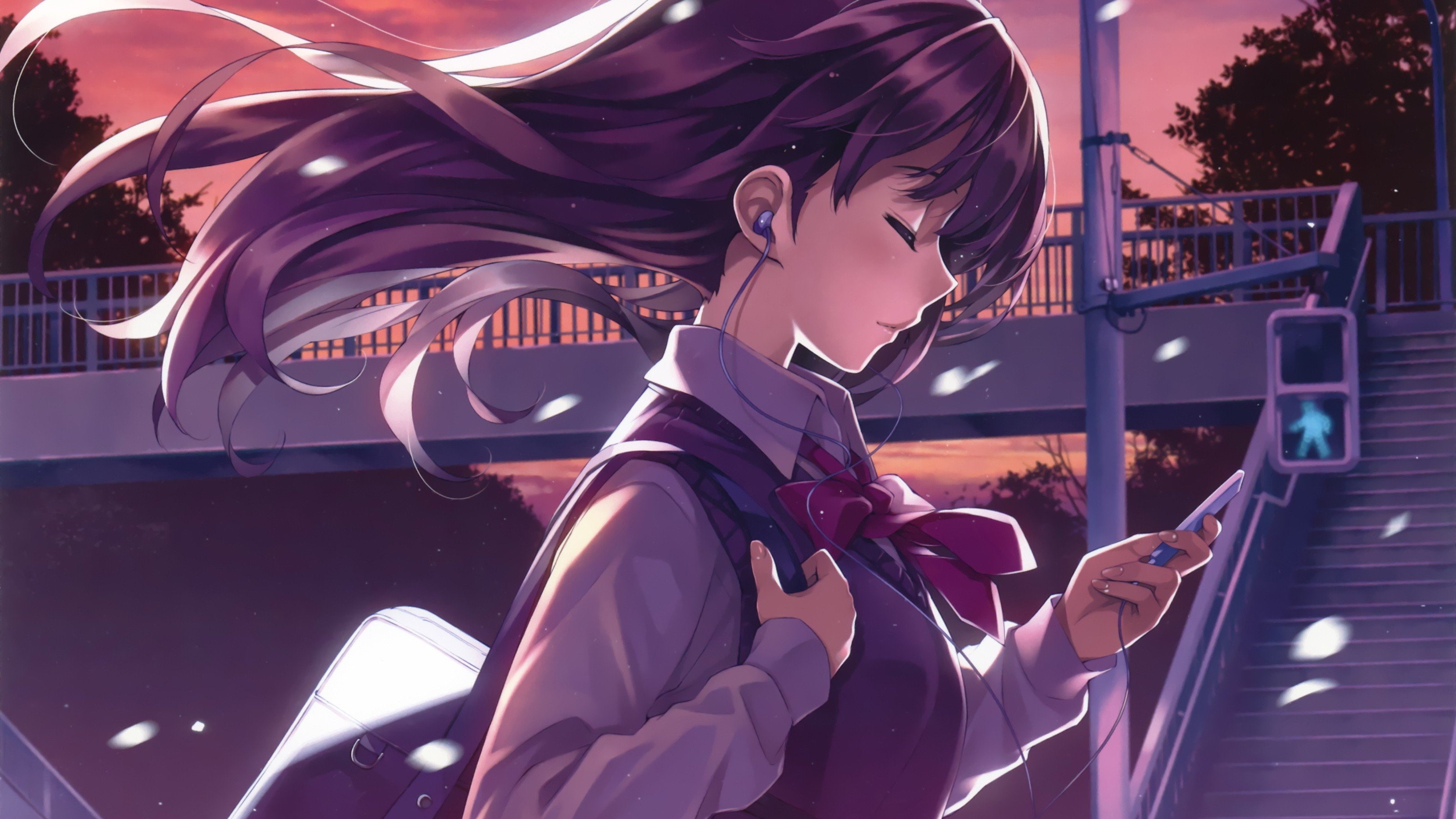 scans, eyes, mp3, stairways, clouds, bows, 2K, original, long, wind, girls, streets, hair, kurehito, profile, uniforms, brunettes, closed, bangs, lights, HD Wallpaper