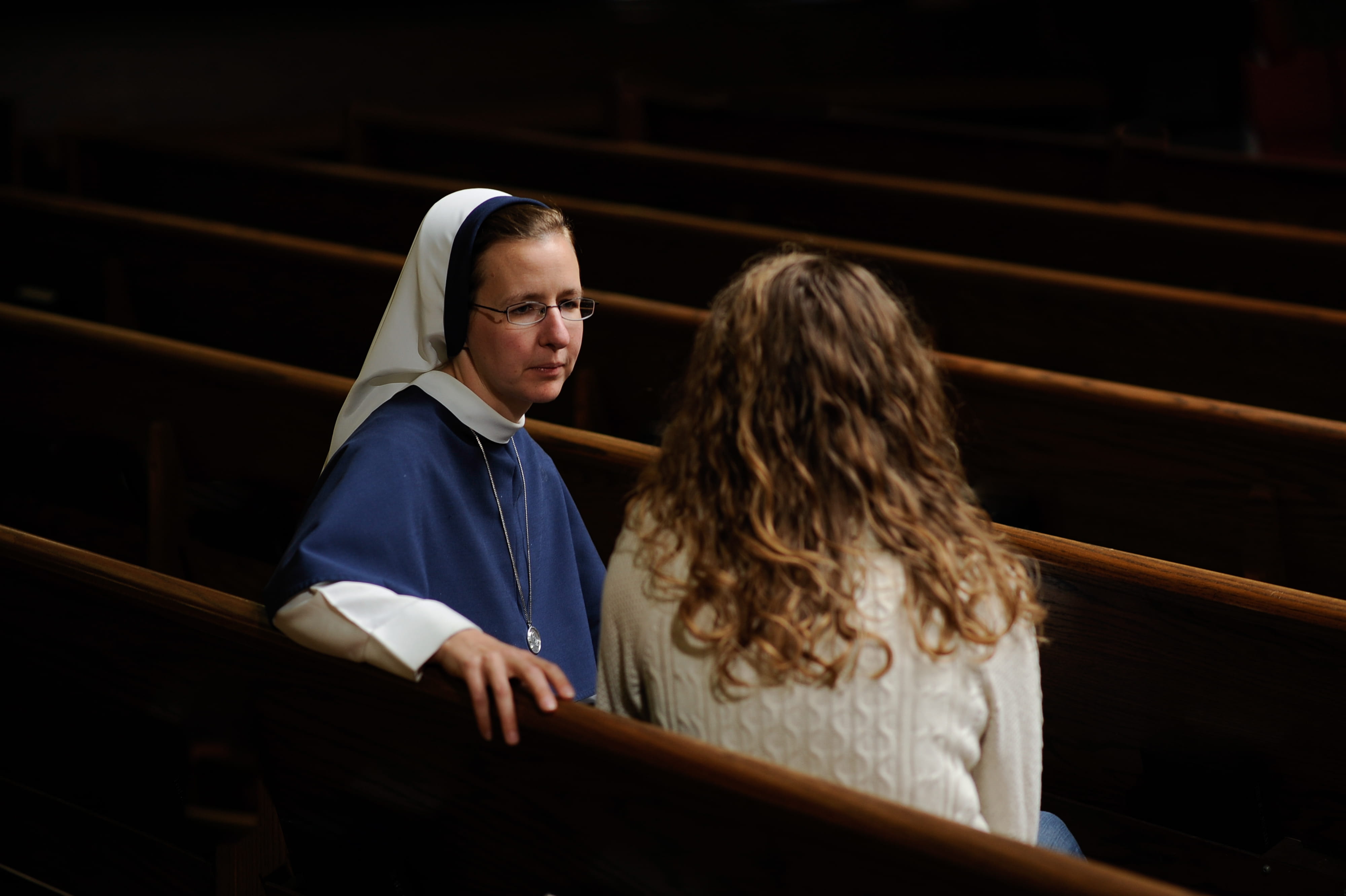 formalwear, people, nun, white, 4K, indoors, shirt, sleeved, young Adult, beside, watching, hairstyle, looking, contemplation, church, pew, sitting, long, HD Wallpaper