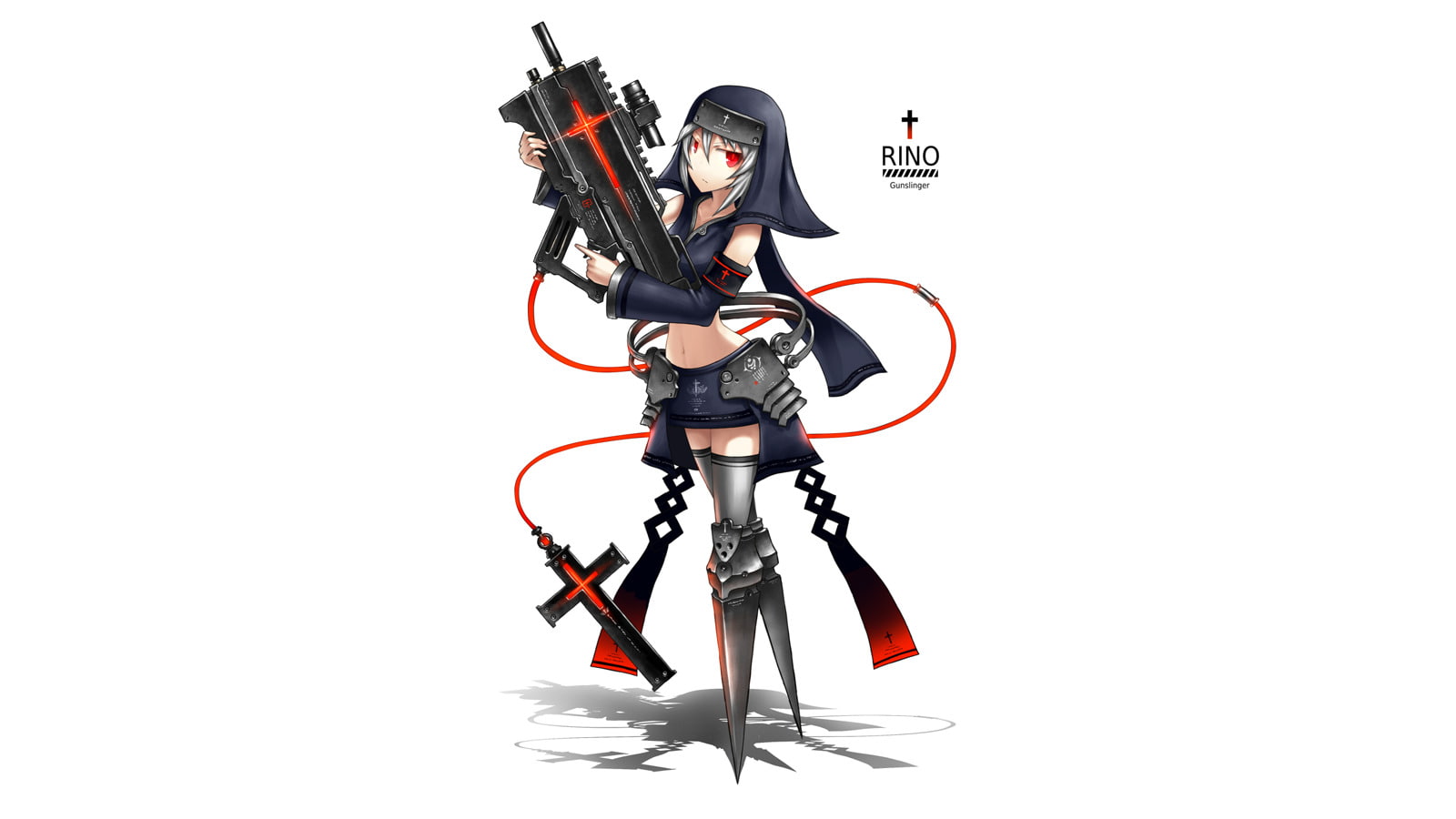 Cross, Girl, Anime, Red Eyes, Skirt, 720P, Nun, Weapon, Thigh Highs, Grey Hair, Gun, Original, Headdress, HD Wallpaper
