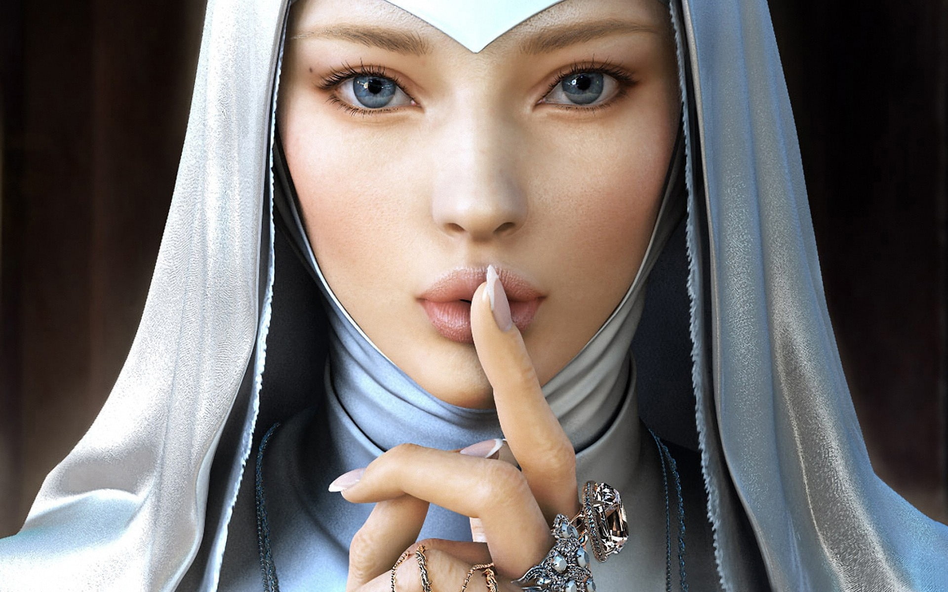 art, mood, finger, jin777, religion, women, yujin, costume, babes, beautiful, gesture, eyes, catholic, pov, nun, fantasy, face, jewelry, kim, 1080P, HD Wallpaper