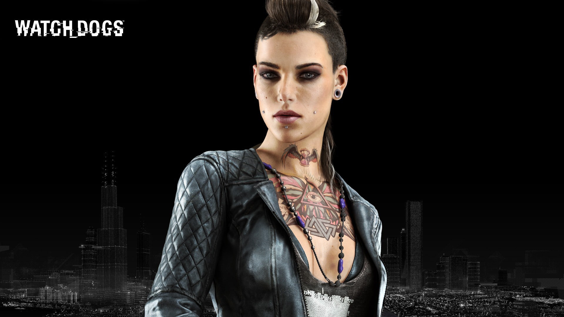 clothing, tattoo, Clara Lille, architecture, waist up, looking away, 1080P, jacket, night, adult, hairstyle, city, fashion, black background, young women, HD Wallpaper