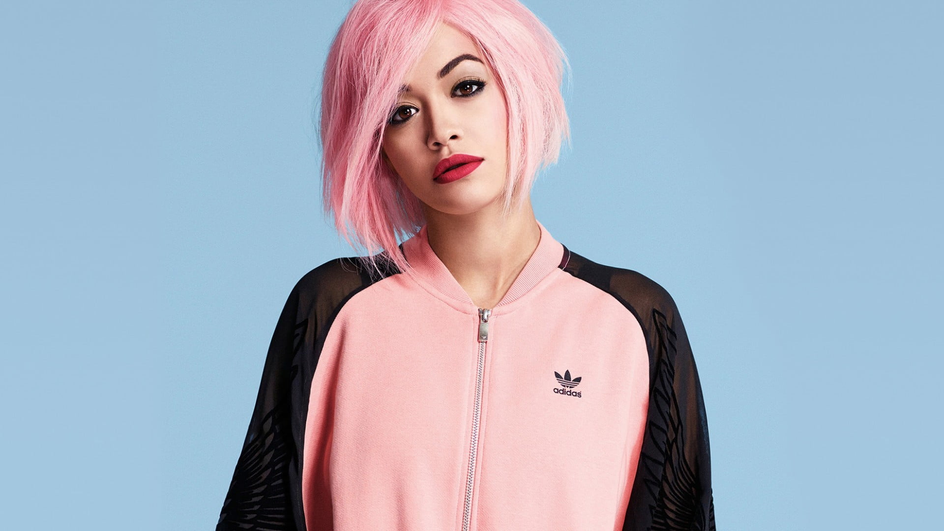 individuality, model, Adidas, Rita Ora, studio shot, blue, adult, one person, red lipstick, hairstyle, women, hair, beauty, portrait, 1080P, blue background, HD Wallpaper