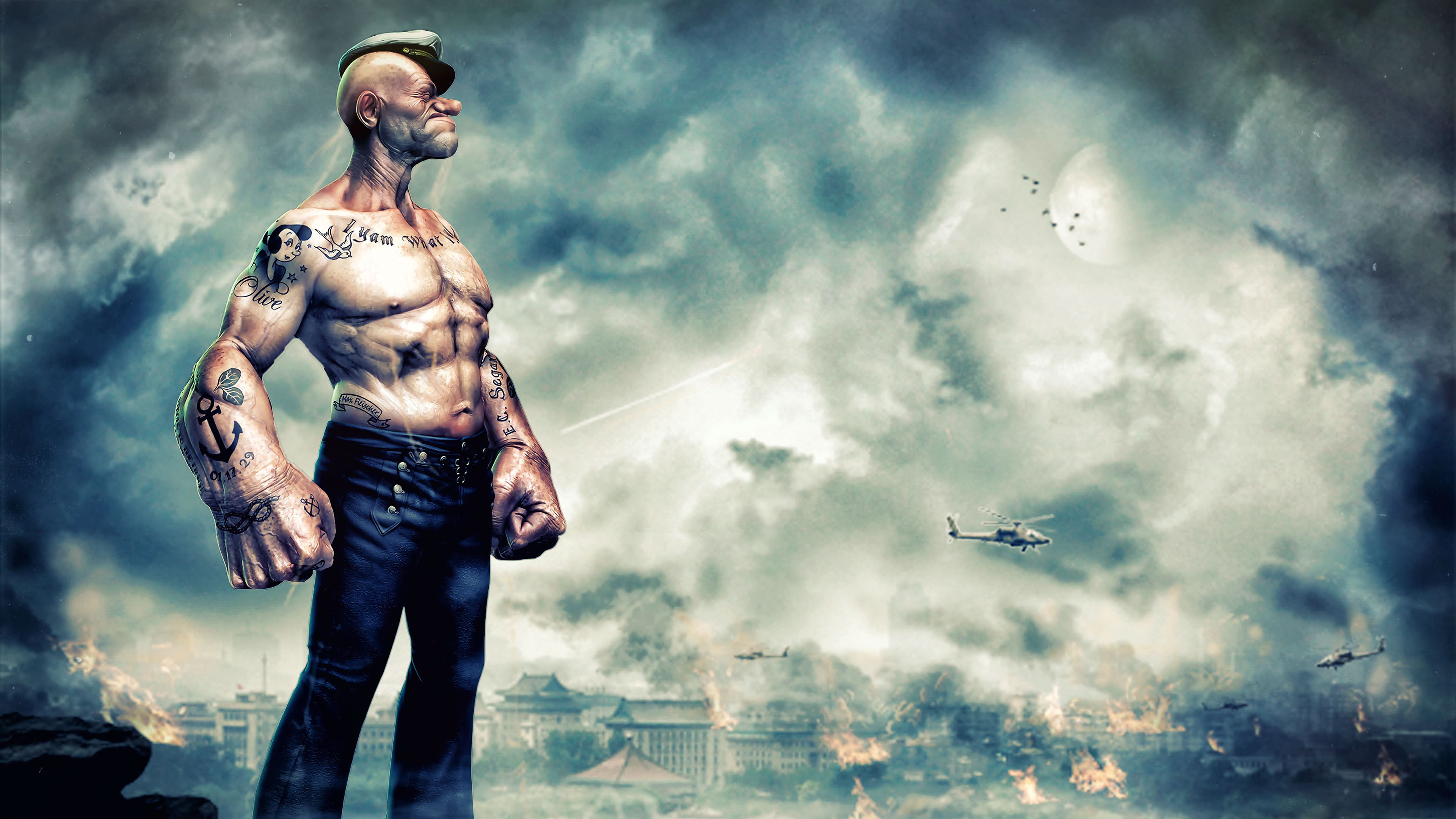 sky, cloud - sky, shirtless, people, nature, adult, 4K, airplane, males, outdoors, air vehicle, flying, digital composite, muscular build, smoke - physical structure, HD Wallpaper