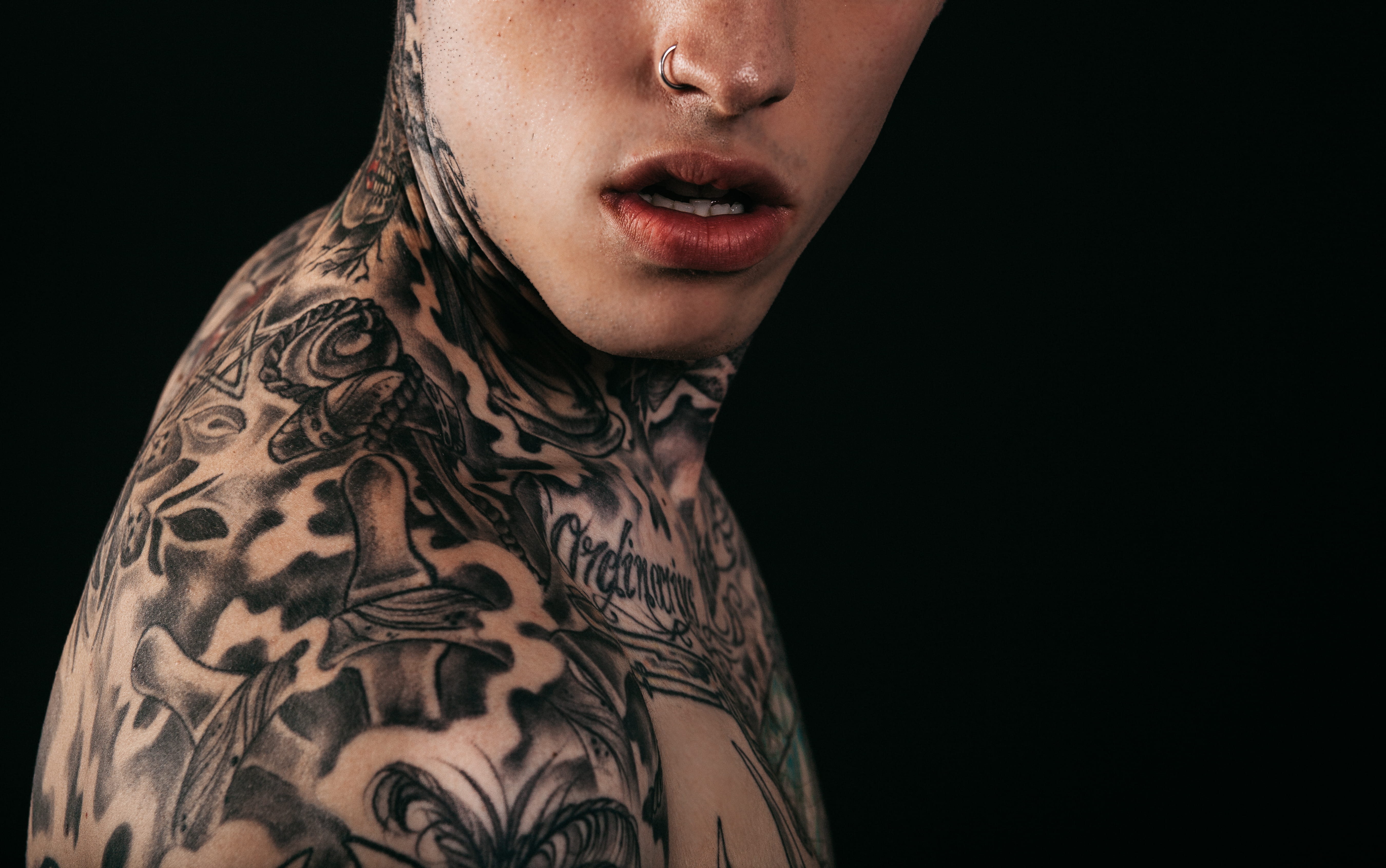 front view, black Color, cut out, young Adult, one Person, man, full body tattoo, dark, 5K, human, human Face, fashion, beautiful woman, close-up, portrait, HD Wallpaper
