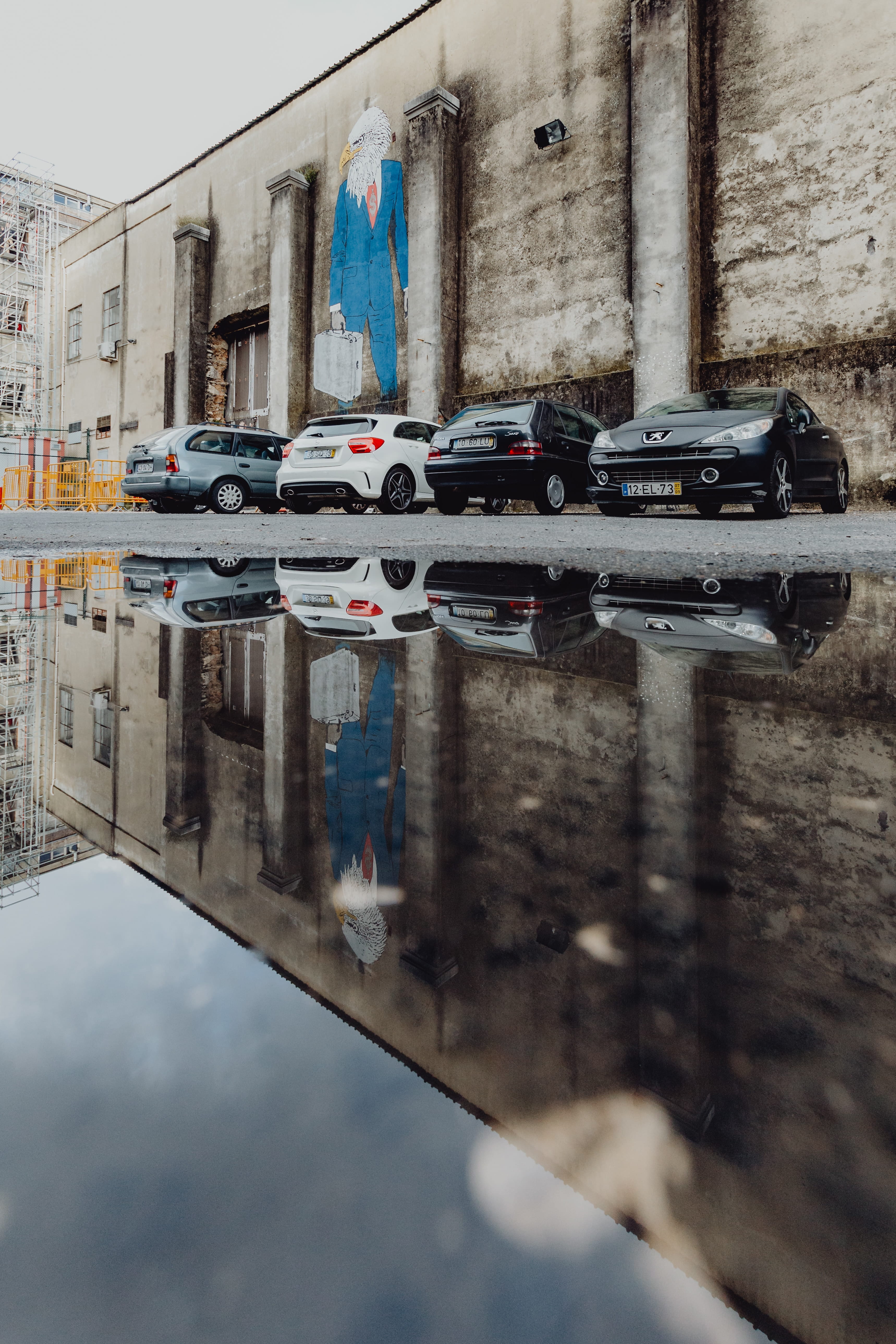 building exterior, water, outdoors, car, studios, portugal, puddle, creative, 5K, hipster, lx factory, factory, lx, selective focus, built structure, transportation, Phone HD Wallpaper