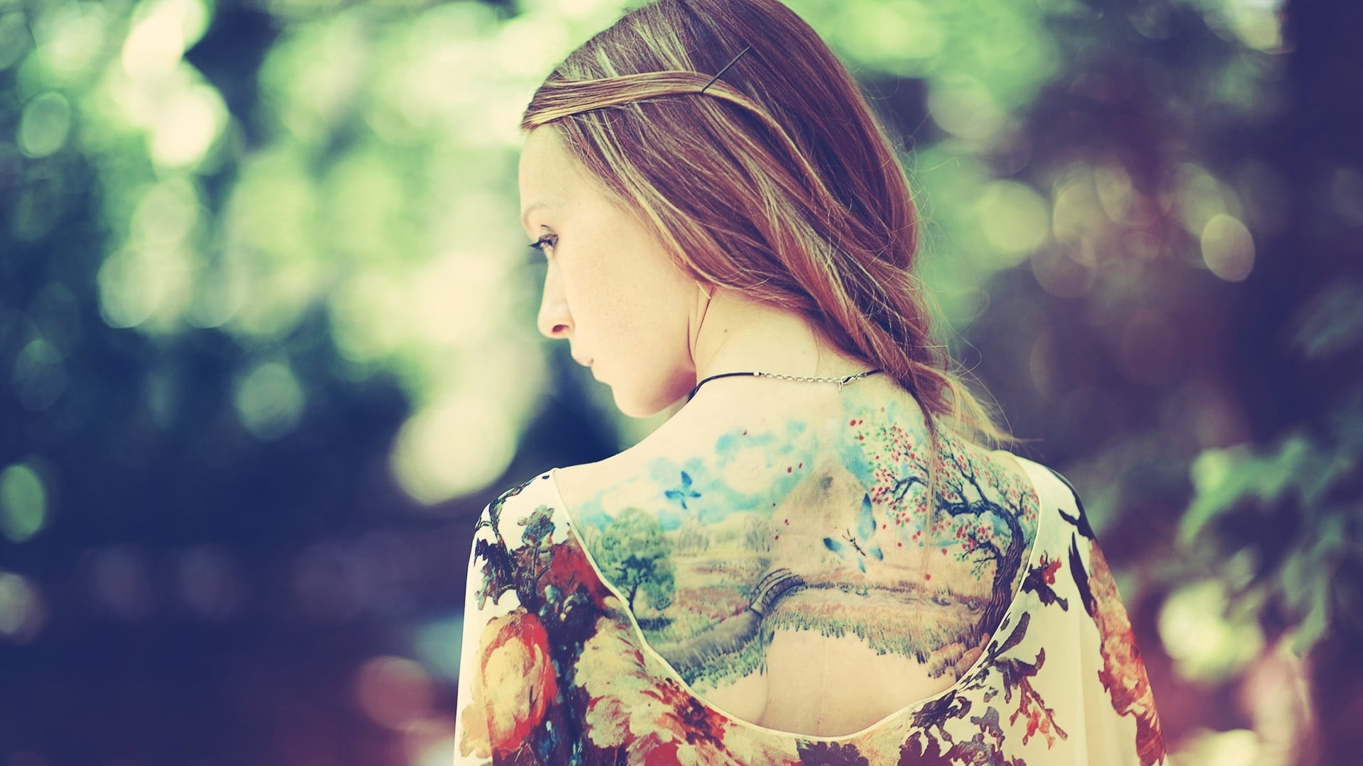 back, day, standing, nature, hair, floral pattern, outdoors, lifestyles, real people, leisure activity, looking, tattoo, hairstyle, young women, 1080P, HD Wallpaper
