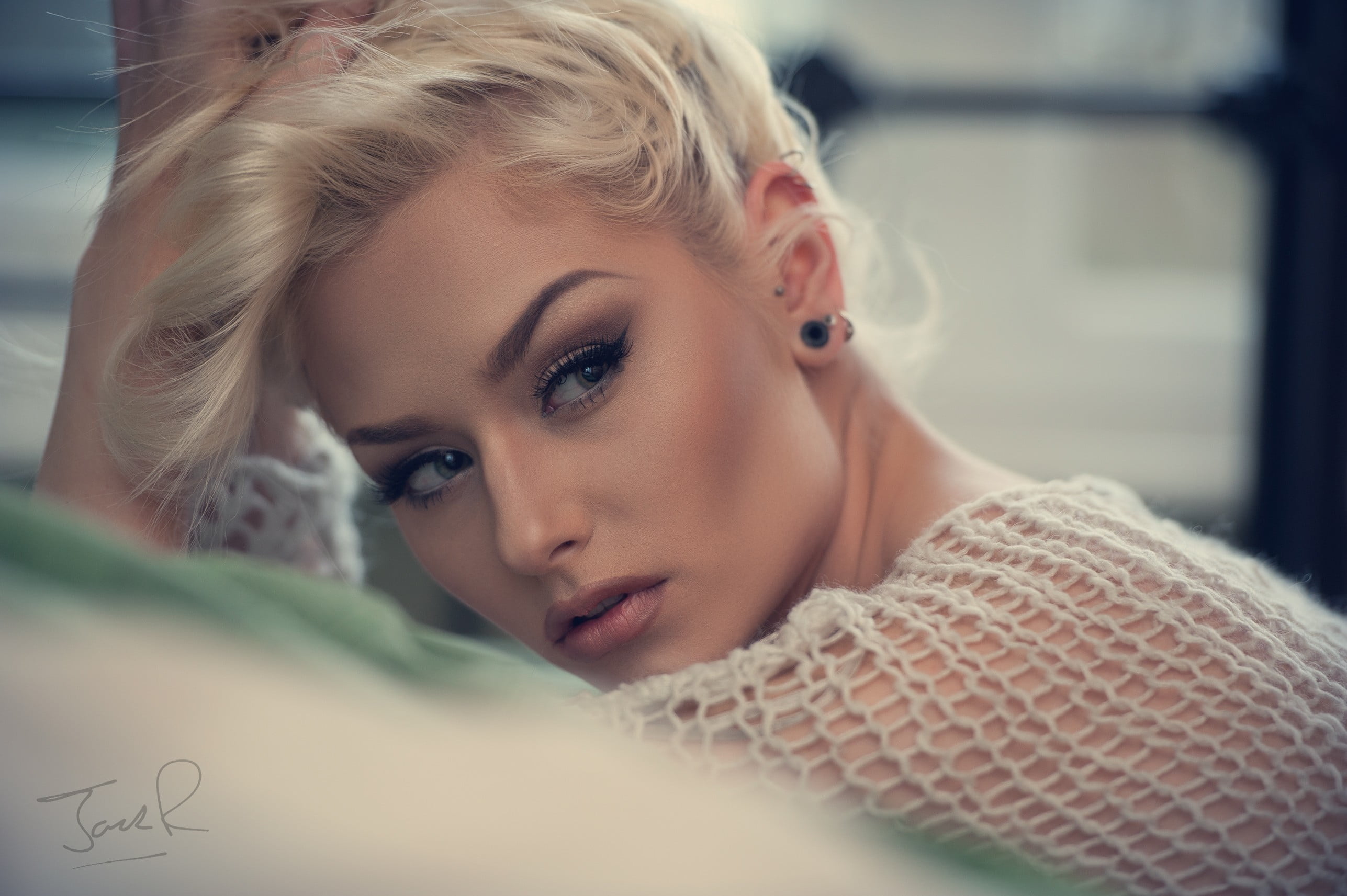 looking at camera, close-up, beautiful woman, blond hair, hands in hair, hairstyle, hair, face, one person, furniture, adult, blonde, portrait, beauty, HD Wallpaper