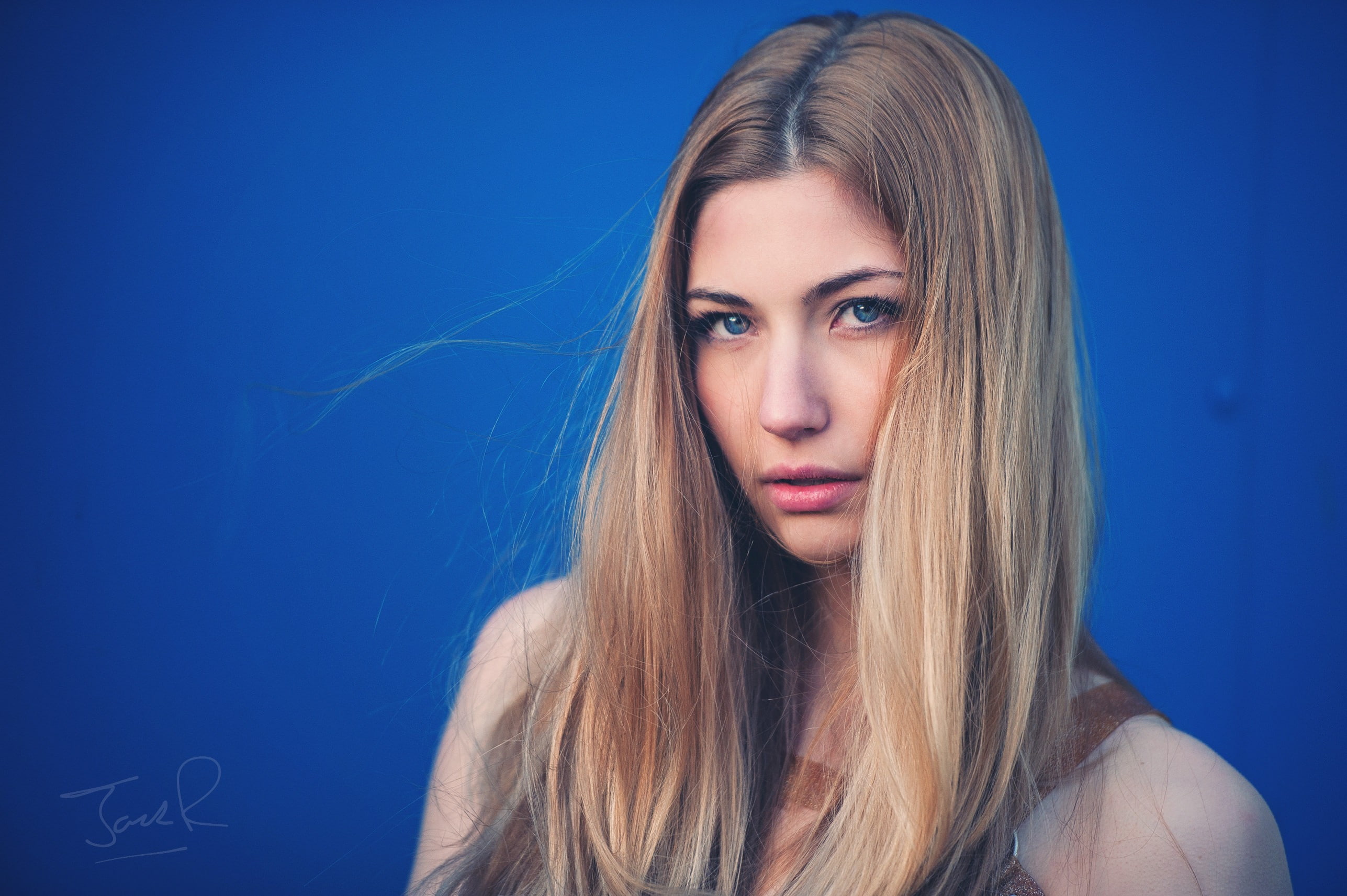 young adult, hairstyle, one person, human face, blue background, fashion, blond hair, beautiful woman, headshot, beautiful people, hair, women, adult, human hair, HD Wallpaper