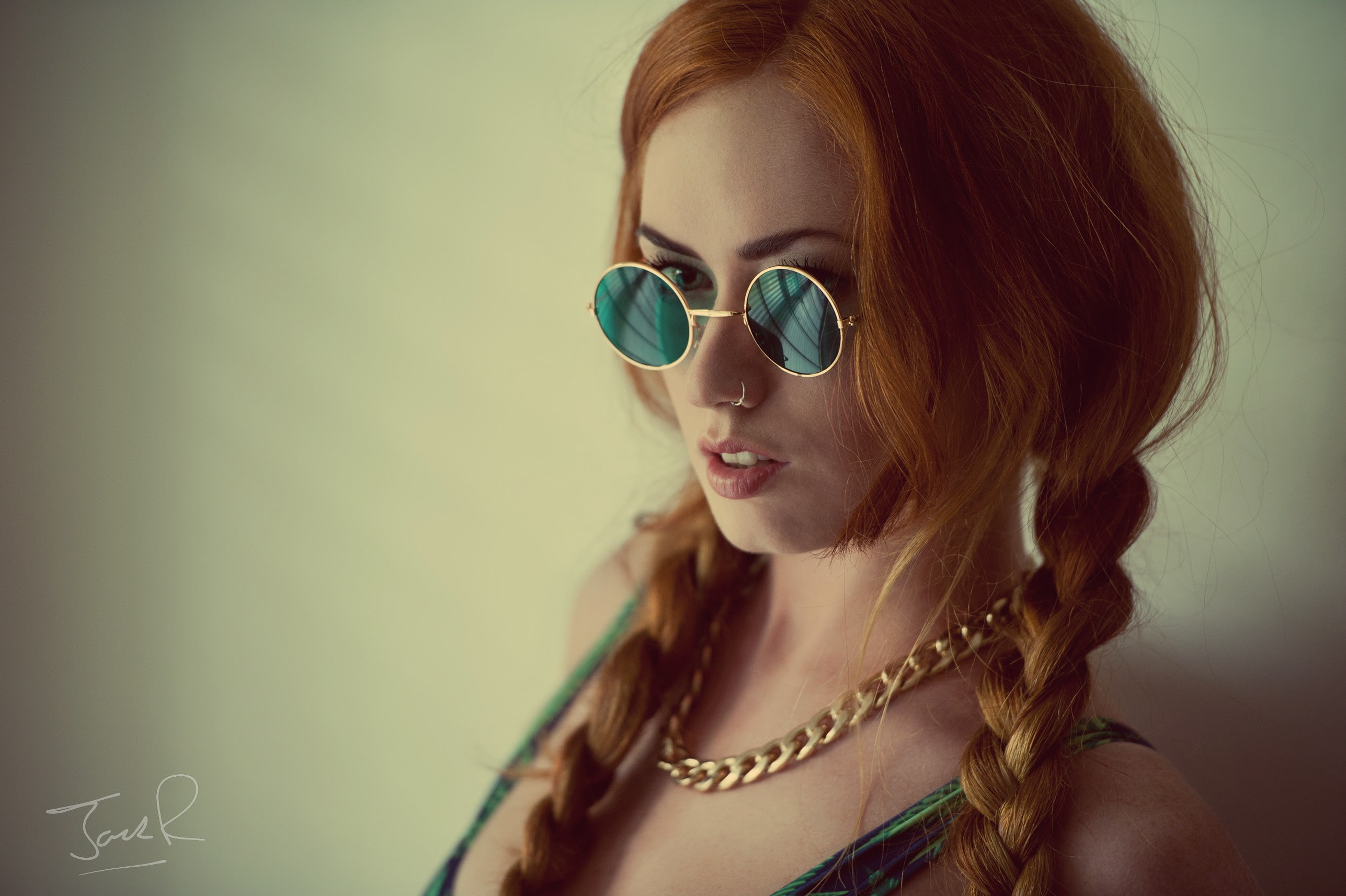 2K, Jack Russell  women  portrait  women with glasses  Jenny OSullivan  nose rings  braids  redhead  sunglasses  face, HD Wallpaper