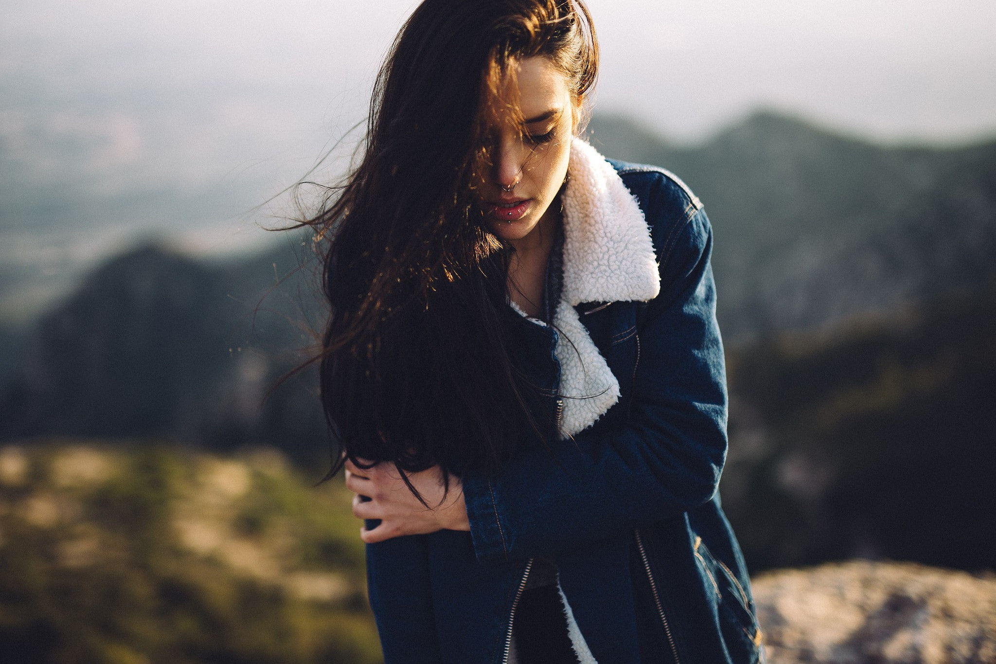women outdoors, Robert Marcillas Ronda, nose rings, jacket, 1080P, women, brunette, pierced lip, HD Wallpaper