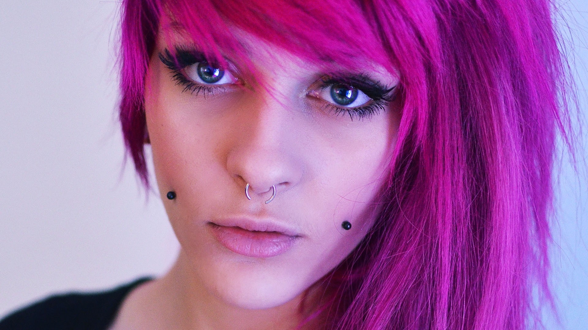 nose rings, women, piercing, closeup, 1080P, blue eyes, dyed hair, purple hair, lips, HD Wallpaper