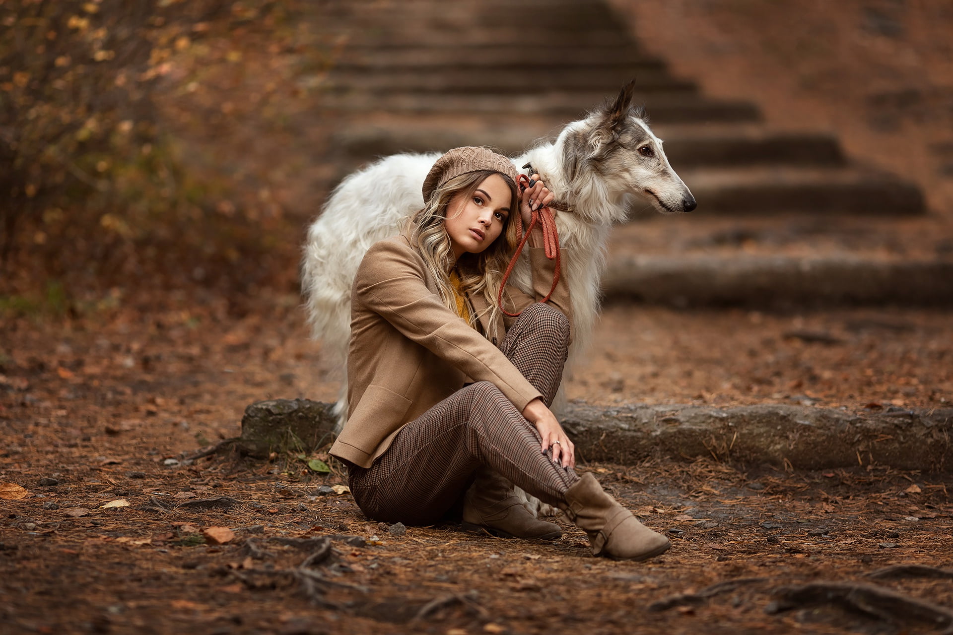Anastasia Barmina, 1080P, autumn, girl, dog, pose, HD Wallpaper