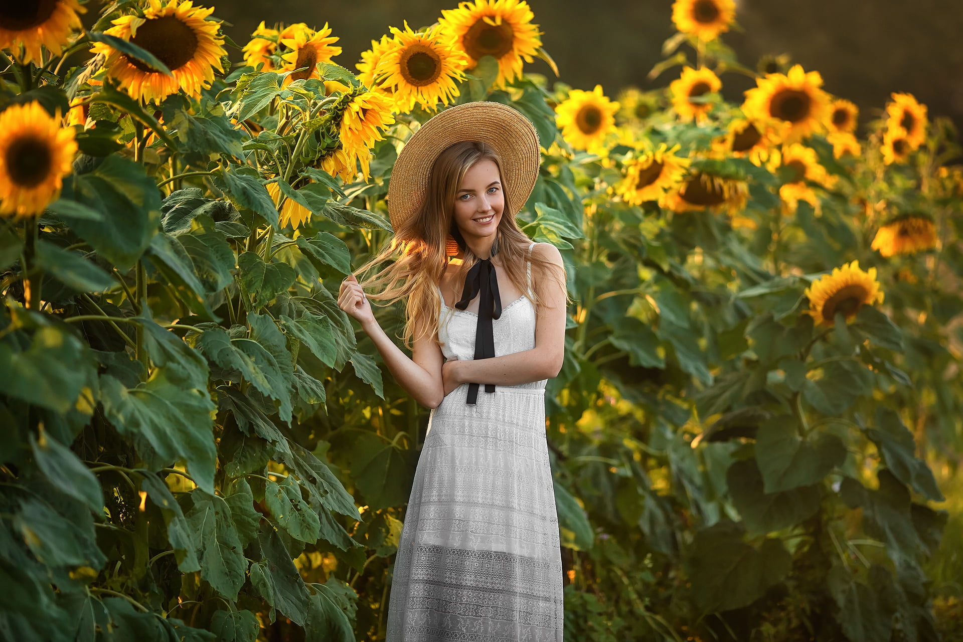 summer, mood, smile, sunflowers, field, hat, 1080P, Anastasia Barmina, girl, HD Wallpaper