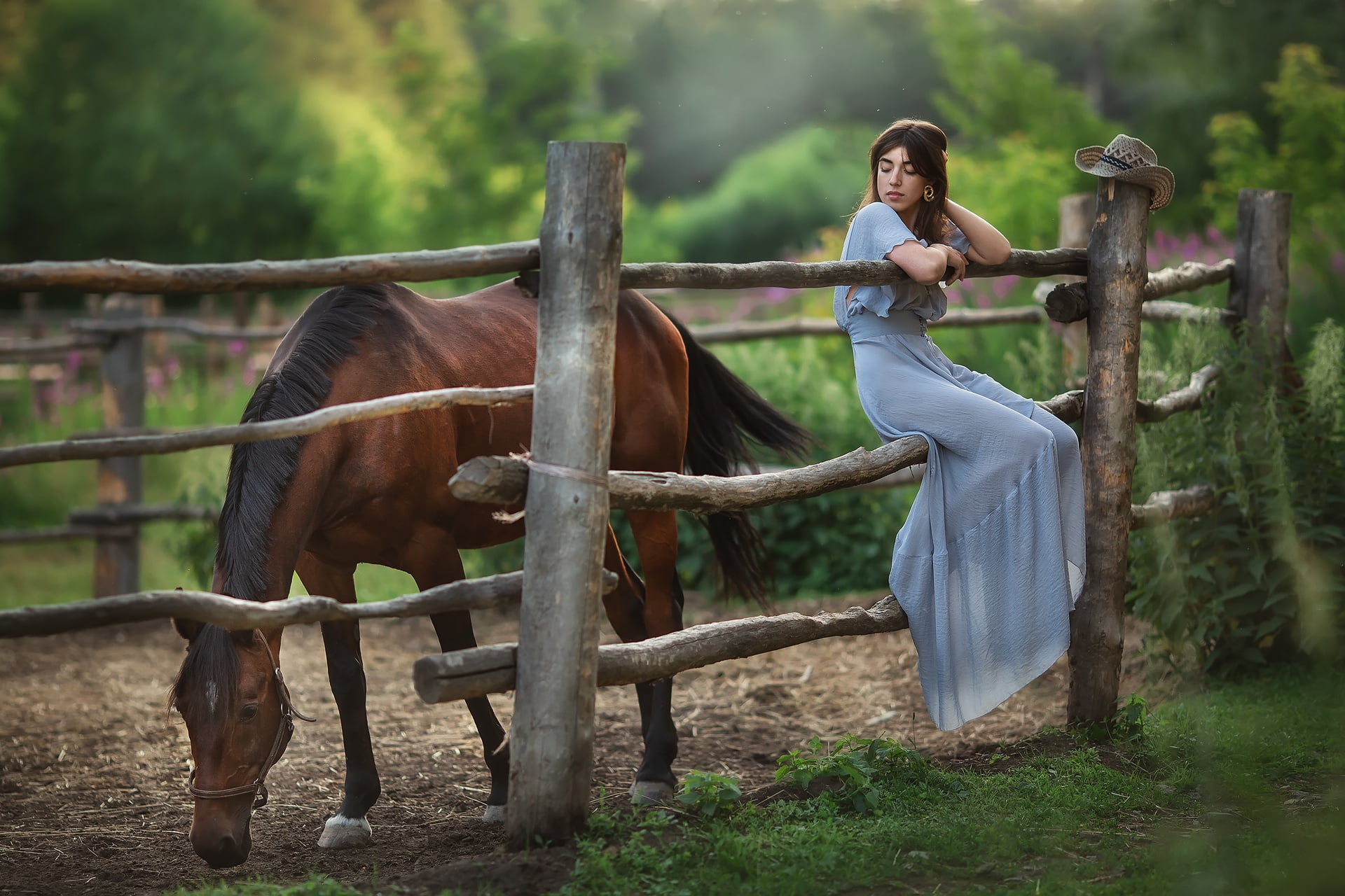 dress, girl, Anastasia Barmina, look, 1080P, horse, nature, HD Wallpaper