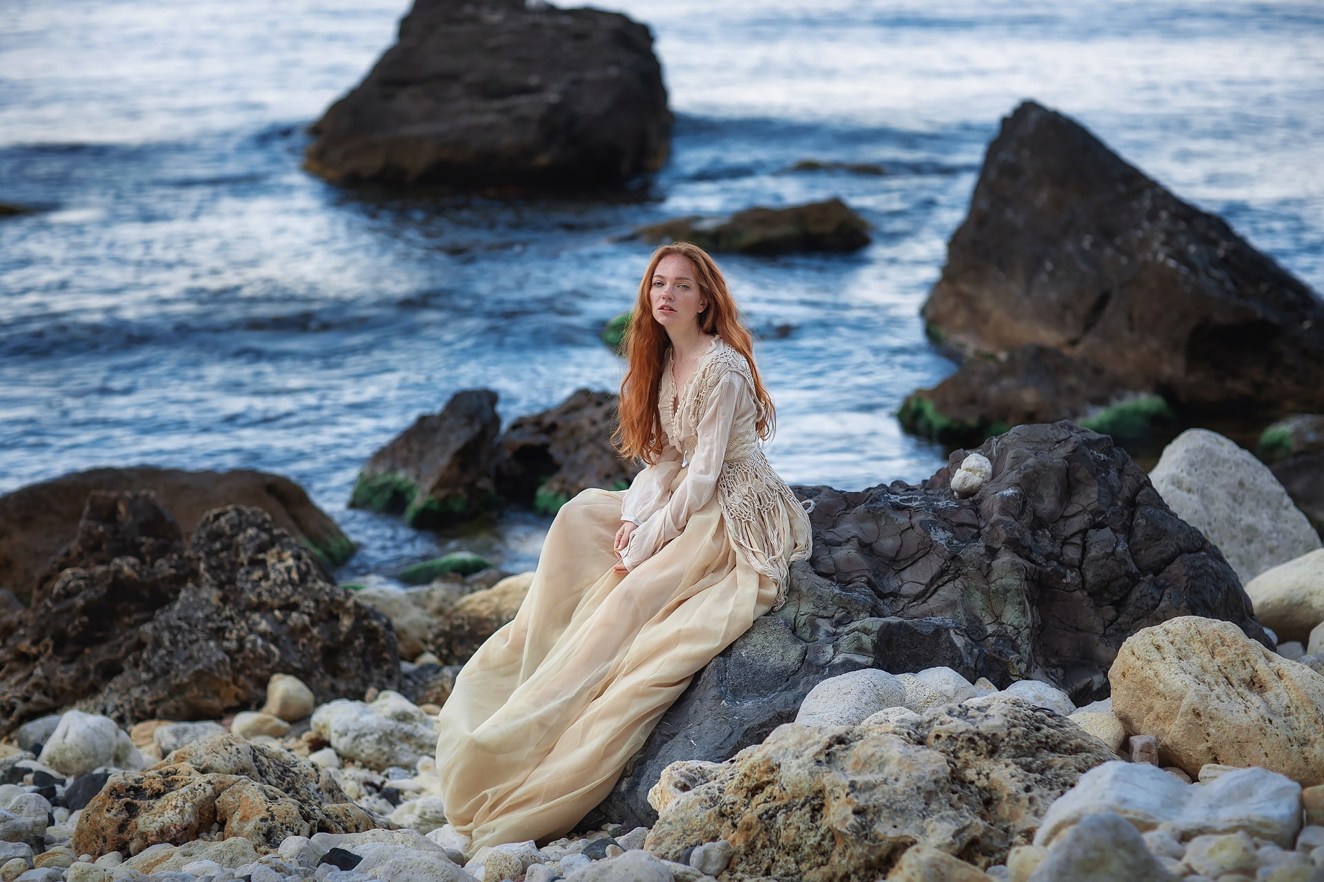 redhead, girl, look, Oksana, rocks, Crimea, The black sea, sea, dress, coast, 1080P, pose, Anastasia Barmina, red, stones, HD Wallpaper