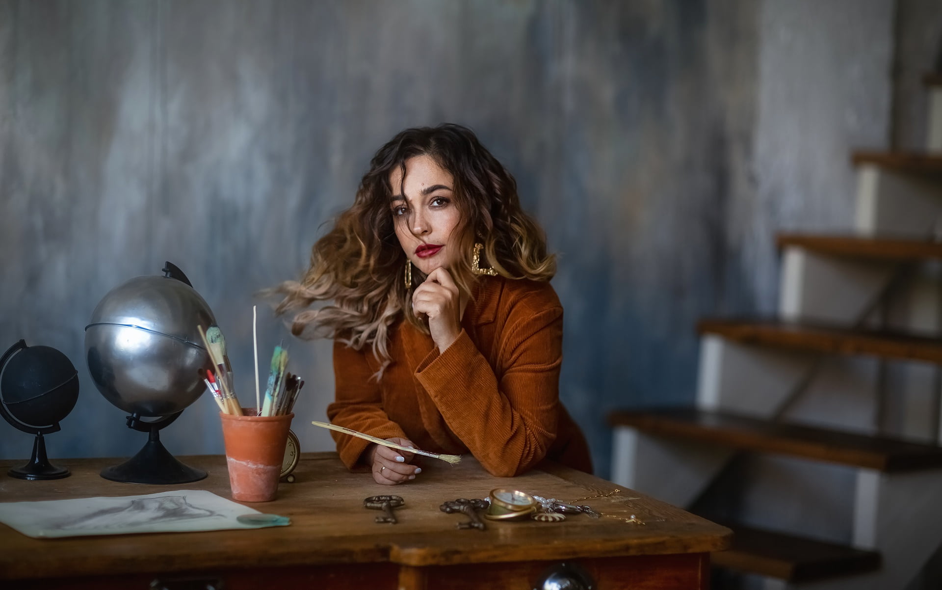 girl, hair, room, table, Anastasia Barmina, 1080P, brush, HD Wallpaper